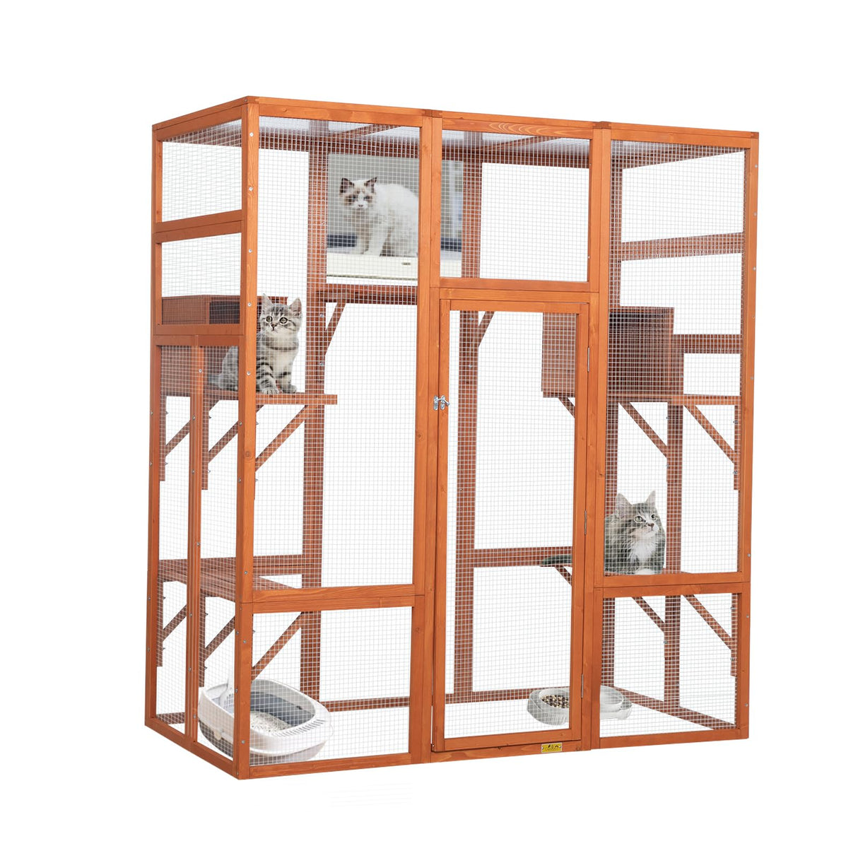 ISDAY Extra Large Outdoor Cat House Wooden Cat Cage Waterproof Roof Catio Outdoor Cat Enclosure - Cat Play & Run Enclosures Cat Playpen Window Cats Crate with 7 Platform and 2 Resting Box (Orange) WoodArtSupply