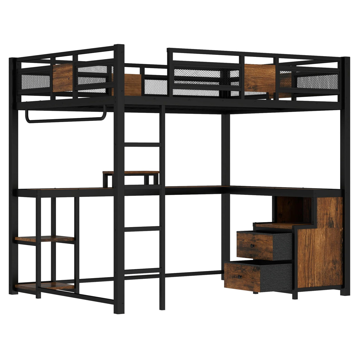 Bellemave Queen Loft Bed with Desk and Fabric Drawer, Metal Queen Loft Bed Frame with guardrail and Ladder for Adults, Kids, Teens, Black Bellemave