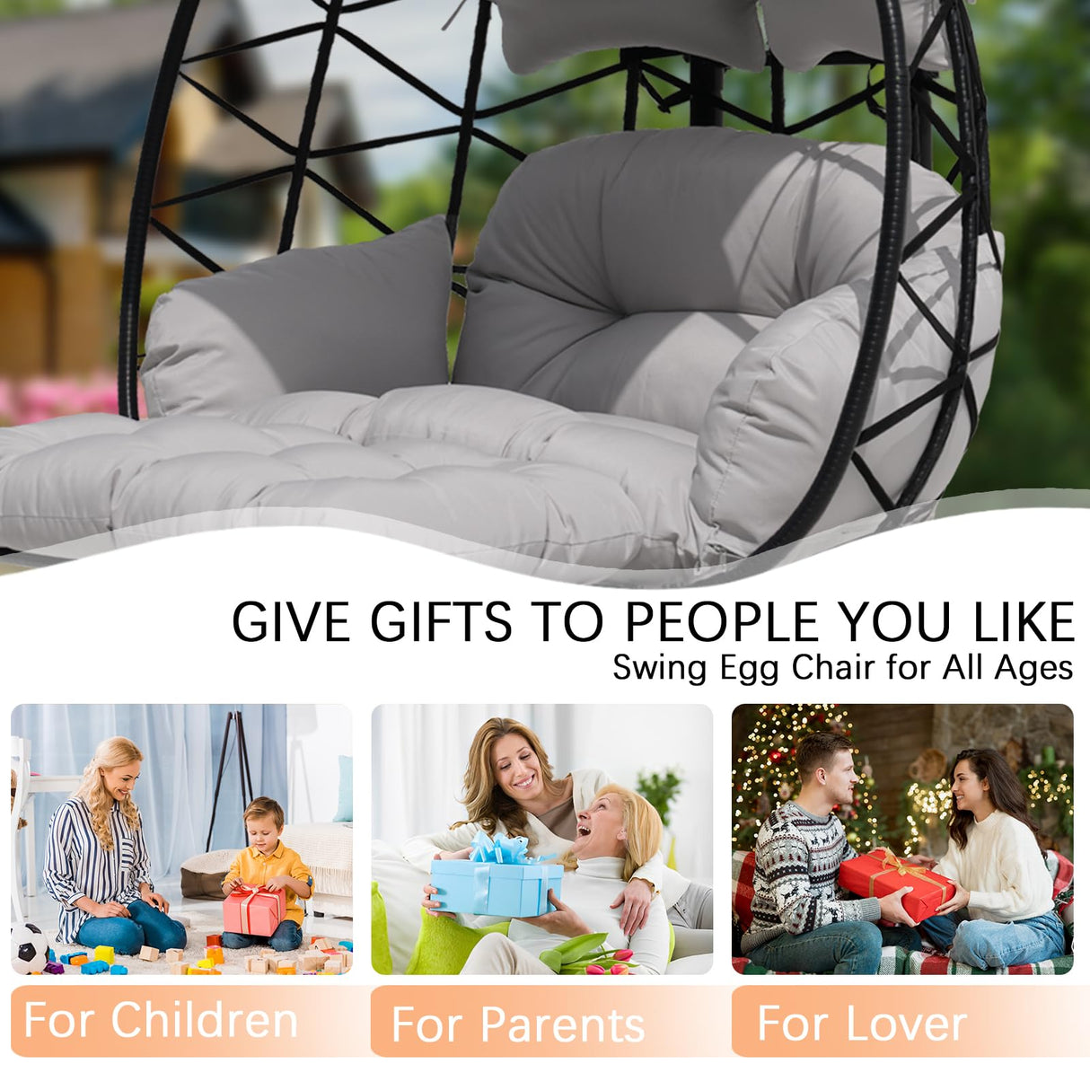 Double Egg Chair Outdoor with Stand & Adjustable Canopy, Extra Large 2 Person Patio Egg Chair with Leg Rests, Hanging Swing Chair with Thickened Cushion, Swinging Love Seat for Outdoor Patio (HQH) VIXLON