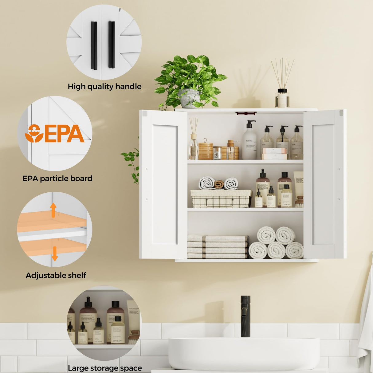 Homleke Bathroom Wall Cabinet, Over Toilet Storage Cabinet with Barn Doors and Adjustable Shelves, 3-Tier Medicine Cabinet Wall Mounted, for Bathroom, Kitchen, Entryway, Laundry Room, White, (7.9" D) Homleke