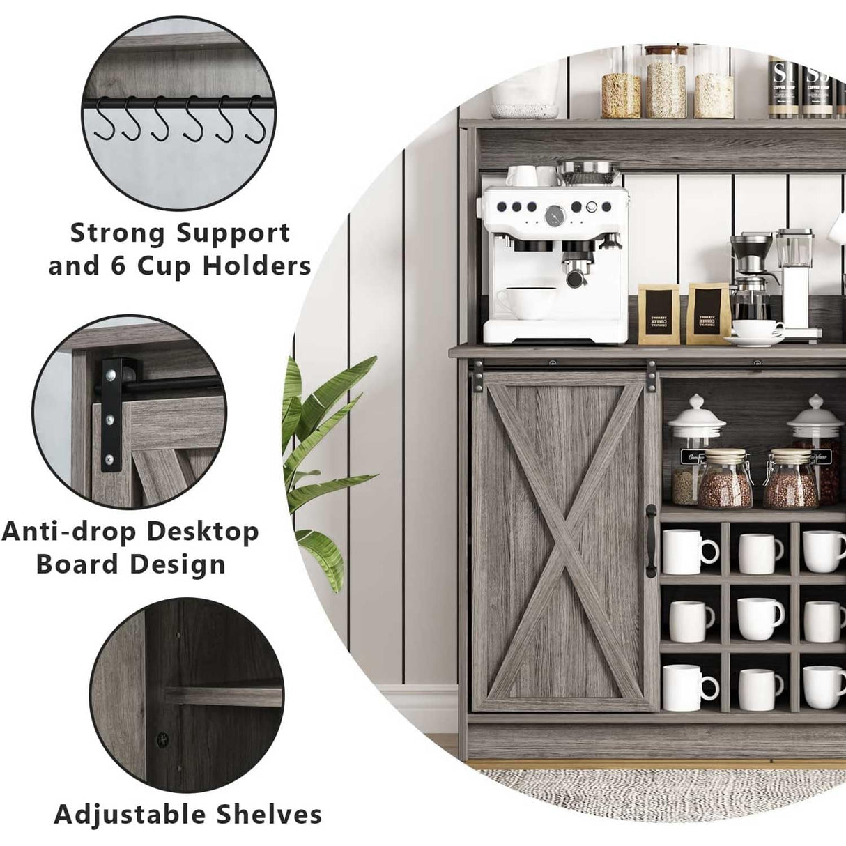 4ever2buy Farmhouse Coffee Bar Cabinet with Sliding Barn Doors, 50 Inch Coffee Bar Hutch with 6 Hooks and 9 Mug Rack, Hutch Cabinet with Storage for Living Room 4ever2buy