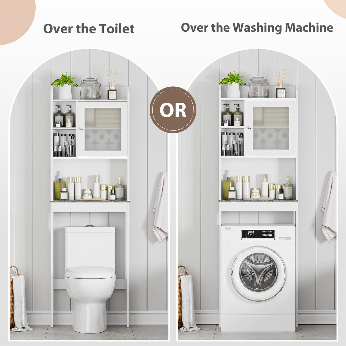 SUPER DEAL Over The Toilet Bathroom Storage Cabinet Freestanding Wooden Bathroom Organizer with Adjustable Shelves and Glass Door, White SUPER DEAL