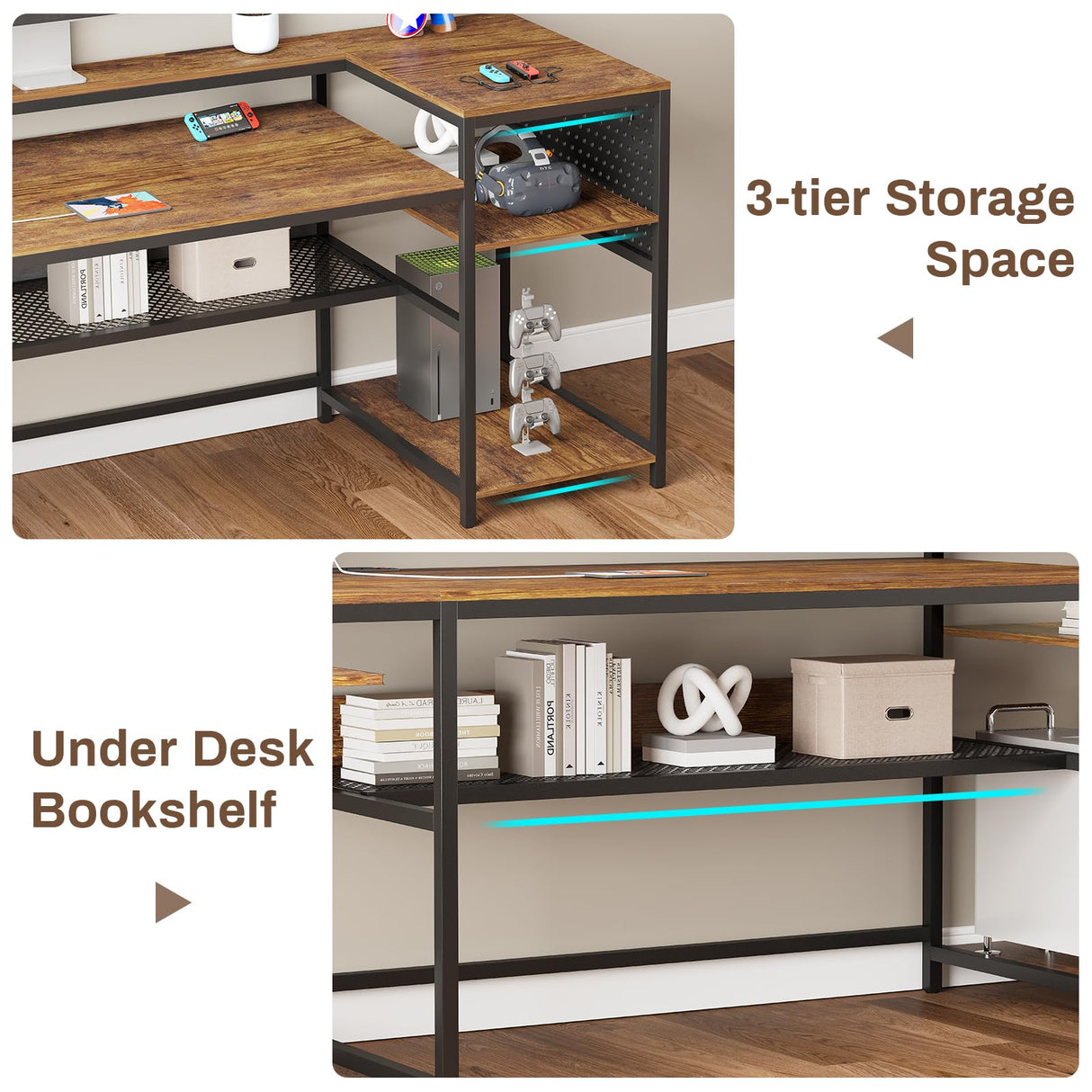 SEDETA Reversible L Shaped Computer Desk with Power Outlets, LED Strip, and Ample Storage in Rustic Brown SEDETA