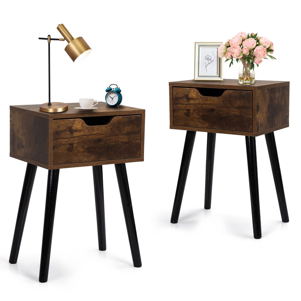 JAXPETY Set of 2 Retro Brown Nightstands with Drawer, Mid-Century Nightstands for Bedroom or Living Room with Solid Wood Legs JAXPETY