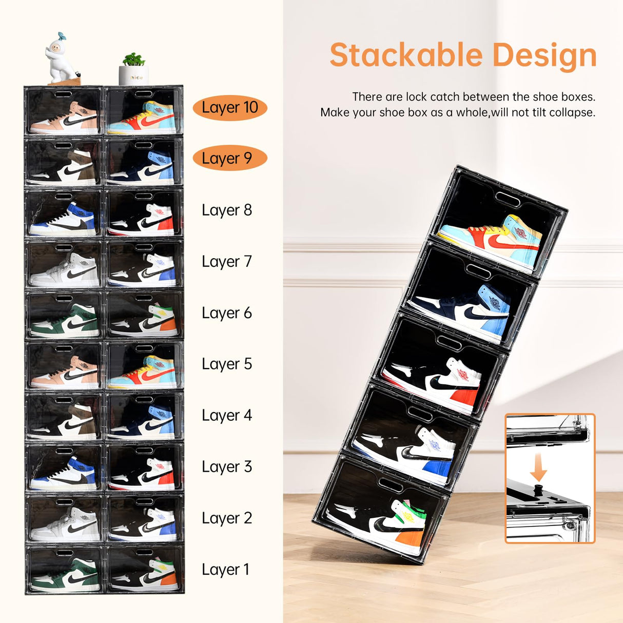 Amllas New 8 Pack Shoe Boxes Stackable, Large Shoe Storage Organizer with Lids,Drop Side Shoe Containers for Entryway,Sneaker Storage Fit up to US Size 13 for Men/Women(13’’x 10.6”x 8.3”) Amllas