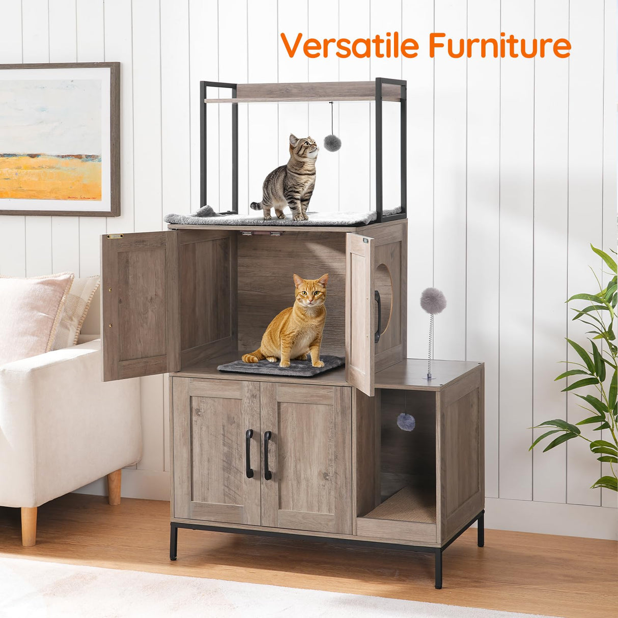 HOOBRO Cat Litter Box Enclosure Furniture, 2 in 1 Hidden Litter Box Furniture with Shelf, Double Litter Box Cabinet with 2 Danging Plush Balls and 1 Toy Ball, Greige and Black BG78MW01 HOOBRO