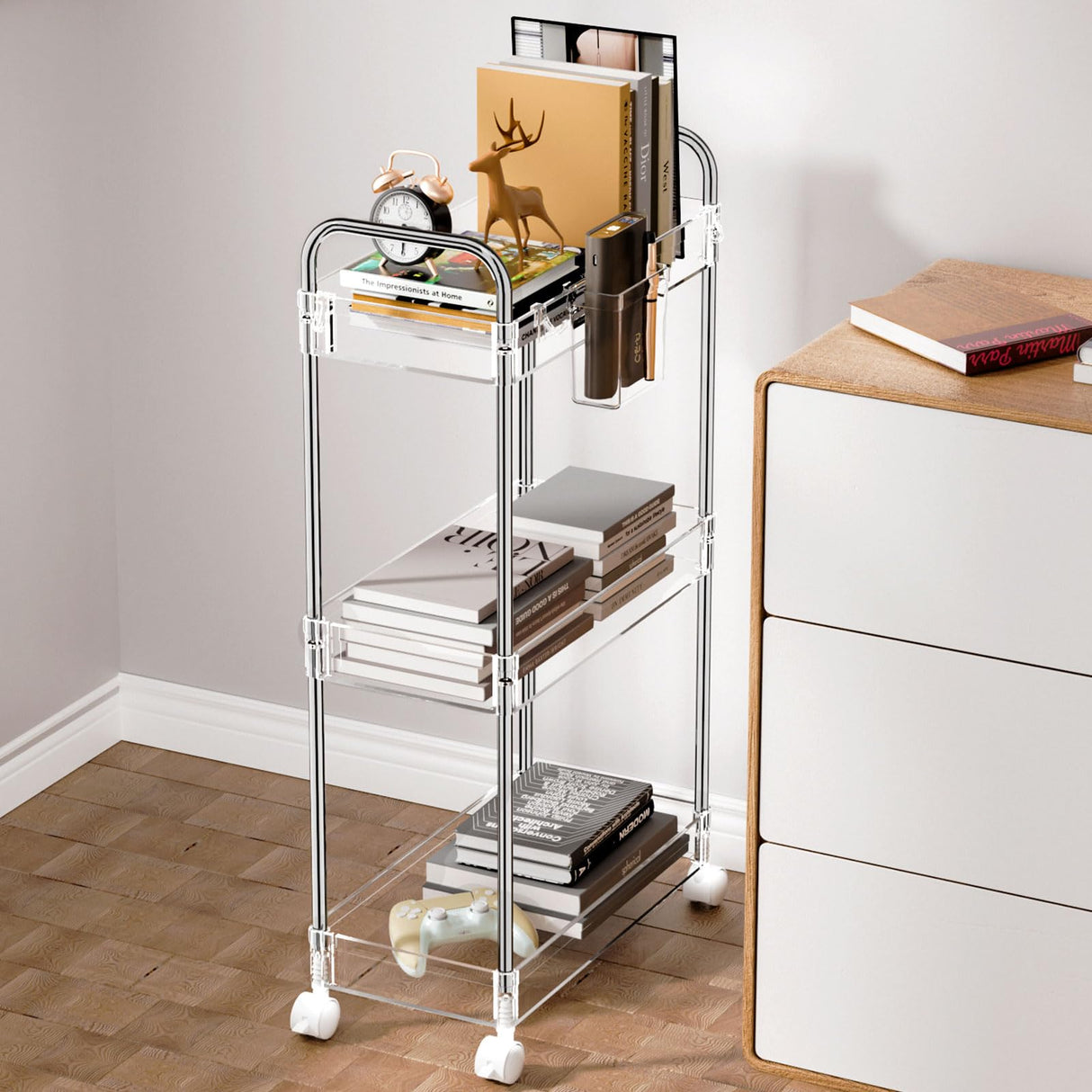 SPACEKEEPER 3 Tier Acrylic Storage Rolling Cart Clear Bathroom Cart Organizer, Transparency Laundry Room Organization Mobile Shelving Unit Multifunction Rolling Utility Cart for Office Living Room SPACEKEEPER