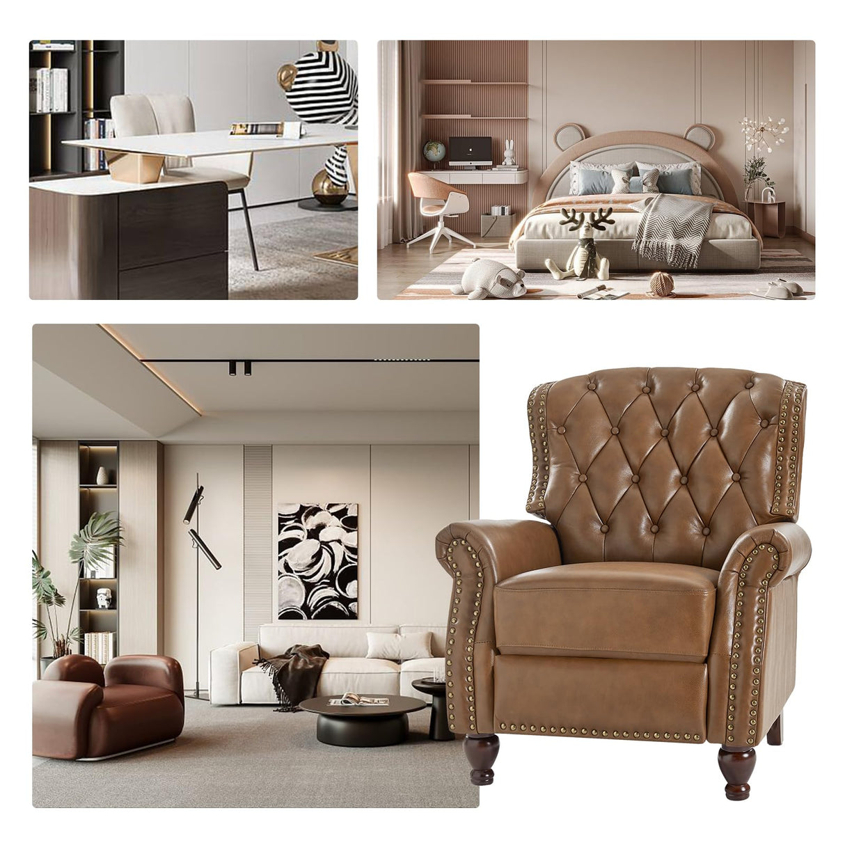 HULALA HOME Genuine Leather Manual Recliner Chair, Adjustable Tufted Push Back Reclining Sofa Armchair with Rivet Decoration & Solid Wood Legs, Modern Living Room Home Theater Seating, Camel HULALA HOME