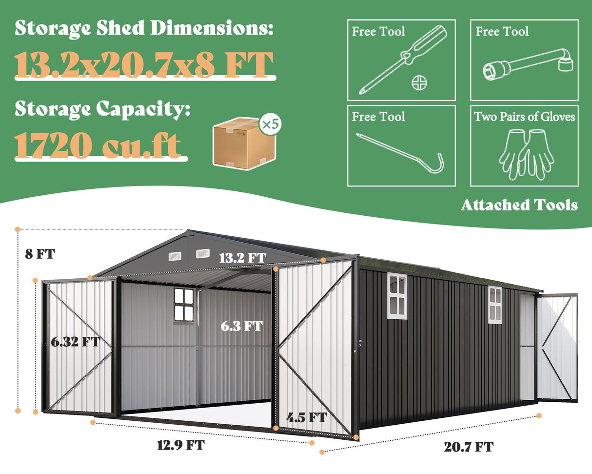 AMERLIFE 13.2x21x8 FT Outdoor Storage Shed, Huge Metal Garage Shed with 2 Double Hinged 4 Windows and Doors, Carport for Car, Truck, Bike, Garbage Can and Lawnmower, Dark Grey AMERLIFE