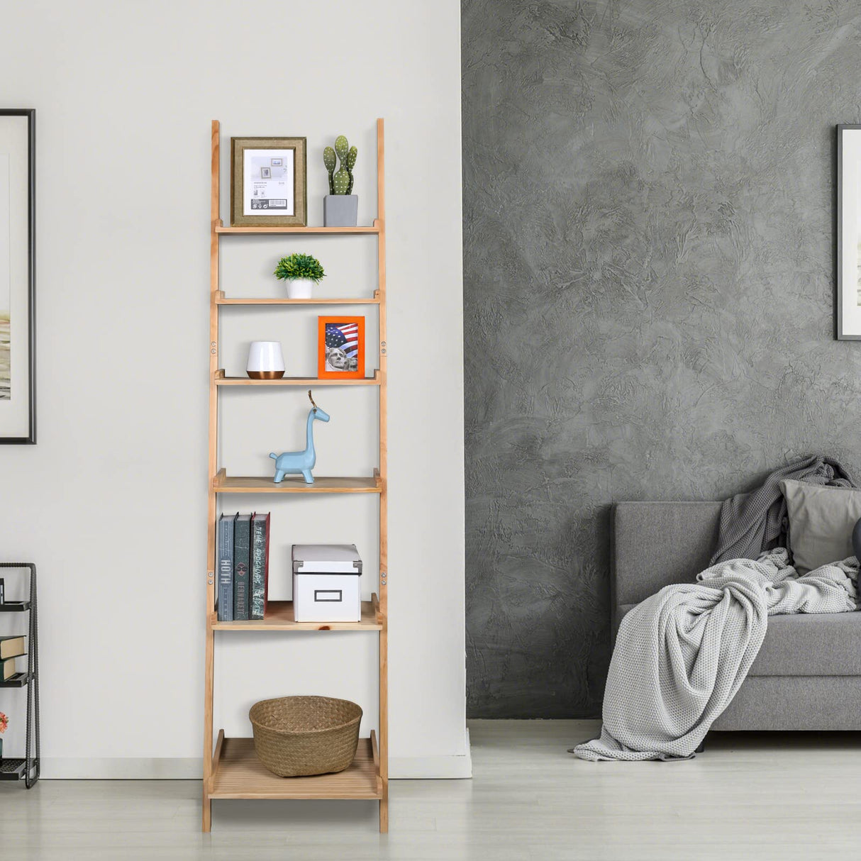 Bloddream Ellwood 6-Tier Natural Pine Wood Leaning Shelf - Stylish Storage & Display Solution Bloddream