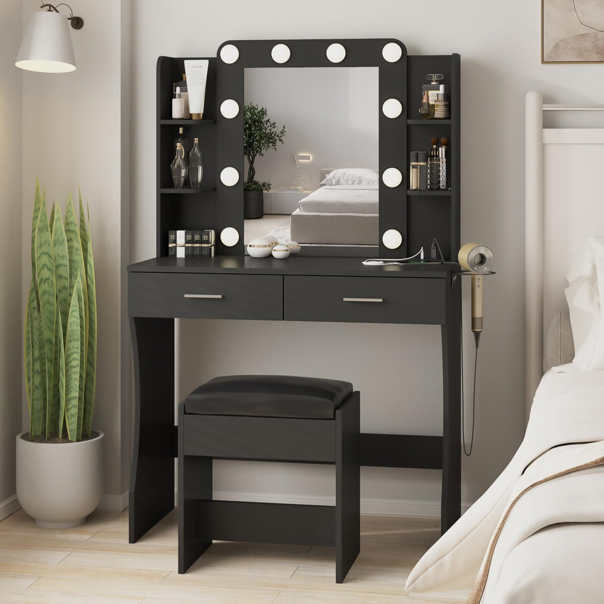 Vanity Desk with Lights,Makeup Vanity with Power Strip,Dressing Table Set with 2 Large Drawers,Vanity Mirror 3 Lighting Color Adjustable,Black Vabches