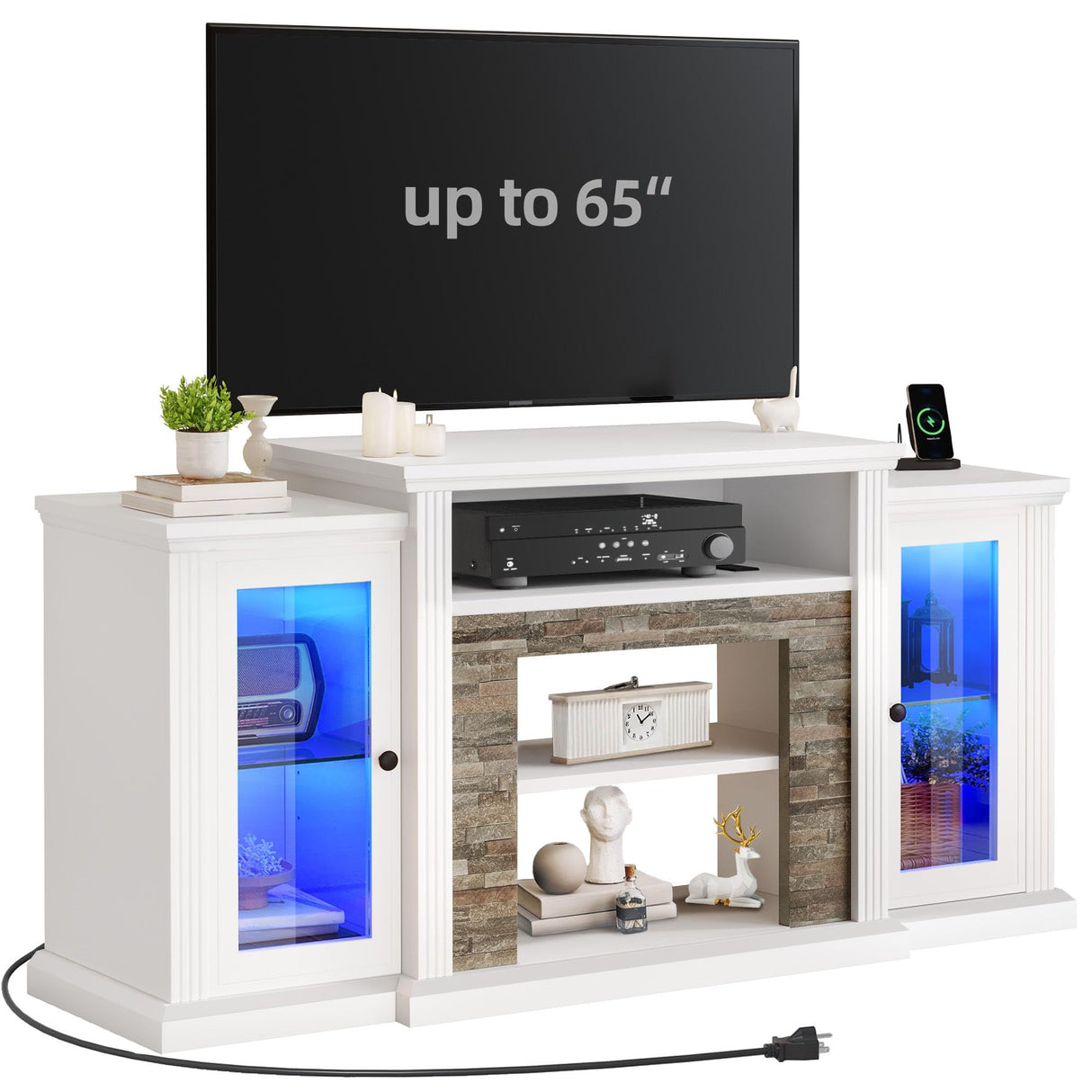 YITAHOME Modern TV Stand for 65 Inch TV, LED Entertainment Center with Power Outlets, Media Console TV Cabinet with Adjustable Shelves & Glass Door for Living Room, White, 59'' TV Stand YITAHOME