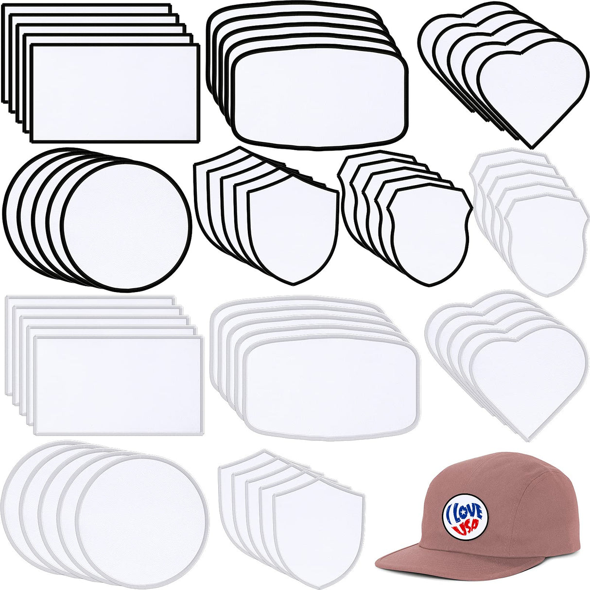 Waydress 60 Pcs Sublimation Patches Blank Fabric Iron on Hat Patches Blank Repair Blank Patches for DIY Crafts Hats Shirts Shoes Jeans Bags Uniforms, 6 Styles(Black and White) Waydress