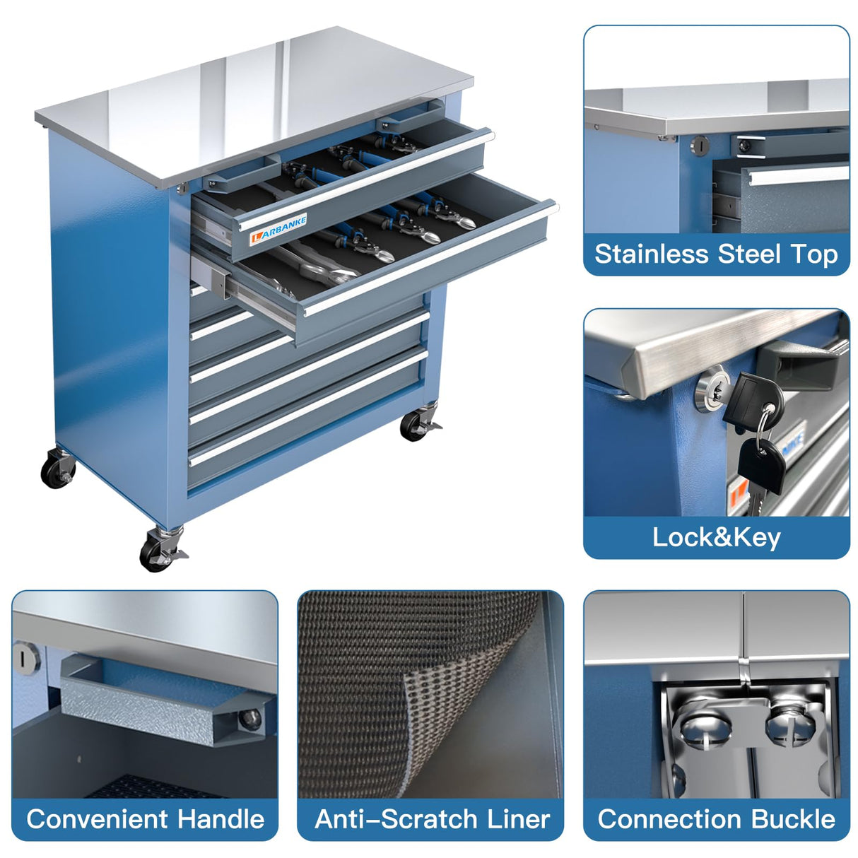 LARBANKE 7-Drawer Rolling Tool Chest with Stainless Steel Countertop,Tool Chest with Secure Locking System,Tool Cabinet with 360°Wheels and Padded Feet,for Home, Garage and Office LARBANKE
