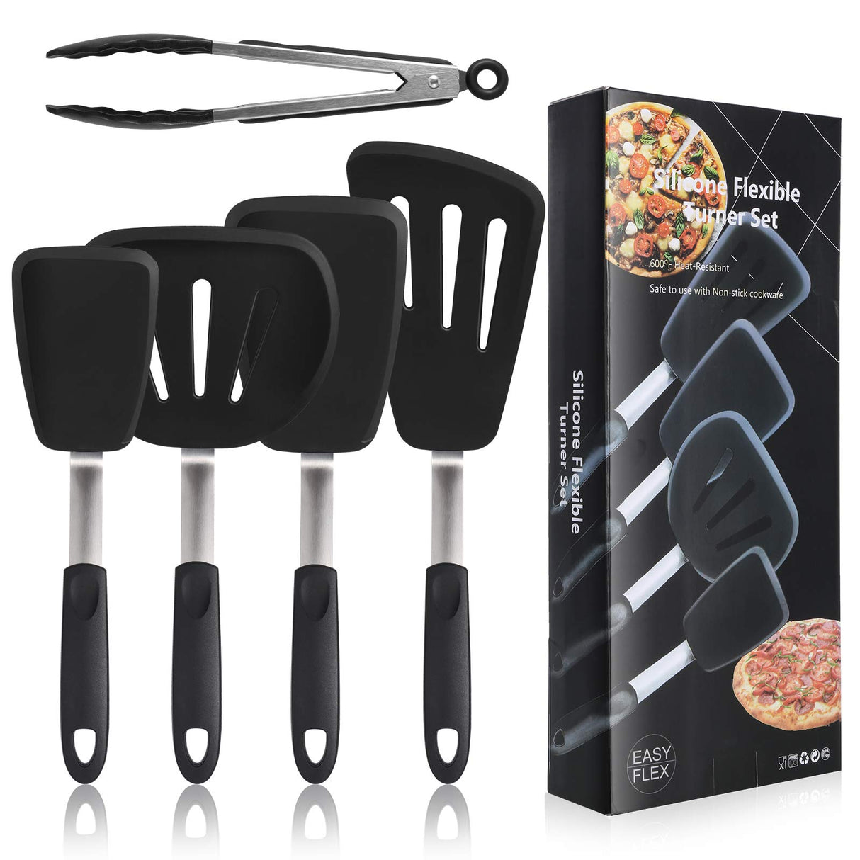 Silicone Flexible Turner Spatula Set, 5-Piece Heat Resistant Flexible Rubber Spatulas,Silicone Cooking Utensil Set,Non Stick Rubber Kitchen Utensils for Cooking Fish, Steak,Eggs, Pancakes CGSGDK