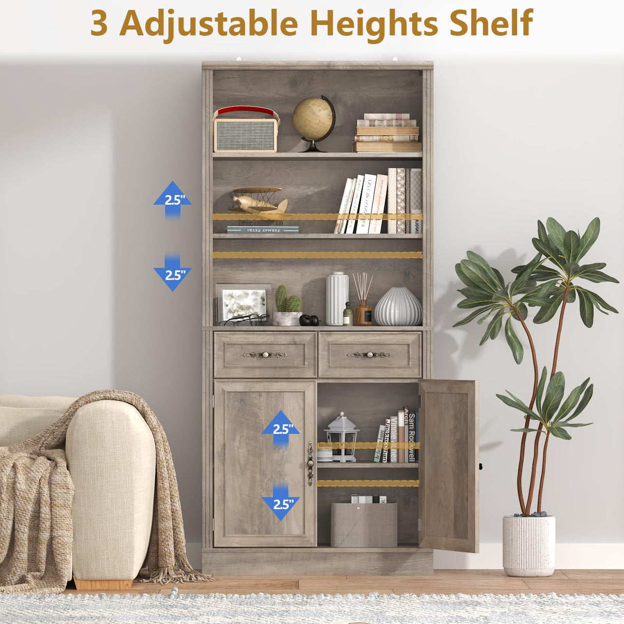 Thacuok Bookcase with Doors and Drawers, Adjustable Shelves, P2 MDF Construction, Freestanding Cabinet with Metal Handles, Hidden Storage for Living Room, Bedroom, Grey Thacuok