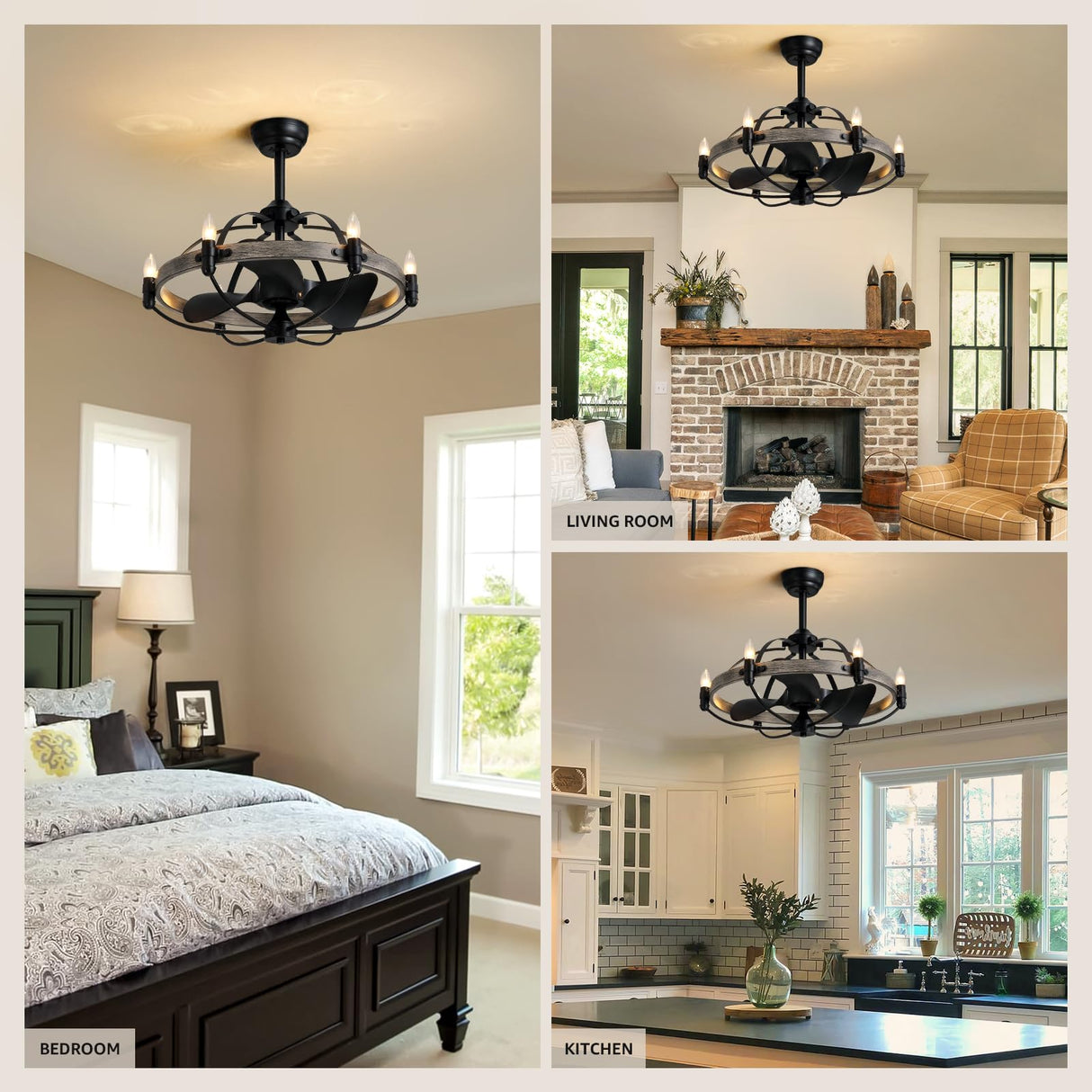 MOOONICHE 27'' Farmhouse Cage Ceiling Fan with Light Remote Control, Ash Brown Rustic Ceiling Fan with Lights,Vintage Chandelier Fan for Kitchen Dining Room Living Room MOOONICHE