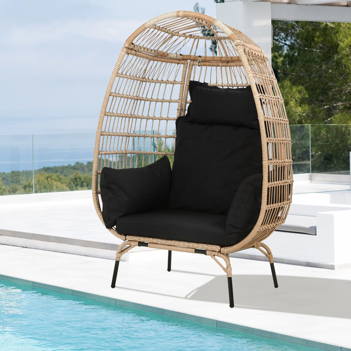 Dkelincs Wicker Egg Chair Indoor Outdoor Lounge Chair Patio Reading Chair Oversized Rattan Egg Chair for Patio, Backyard, Garden, Living Room w/ 4 Cushions Steel Frame, 352lb Capacity(Black) Dkelincs