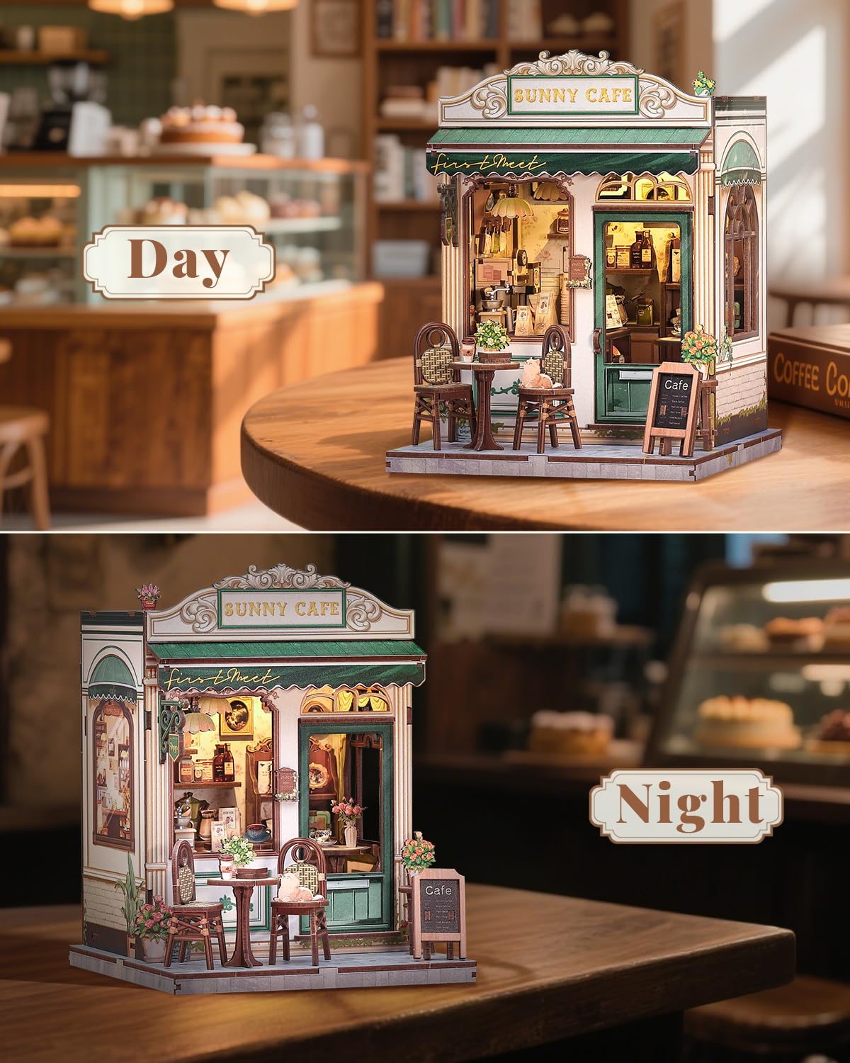 CUTEBEE Book Nook Kit - DIY Miniature House Dollhouse Kit for Adult and Teens, Booknook Bookshelf Decor Alley Model Build with LED Light, Gifts for Family and Friends (Sunny Cafe) CUTEBEE