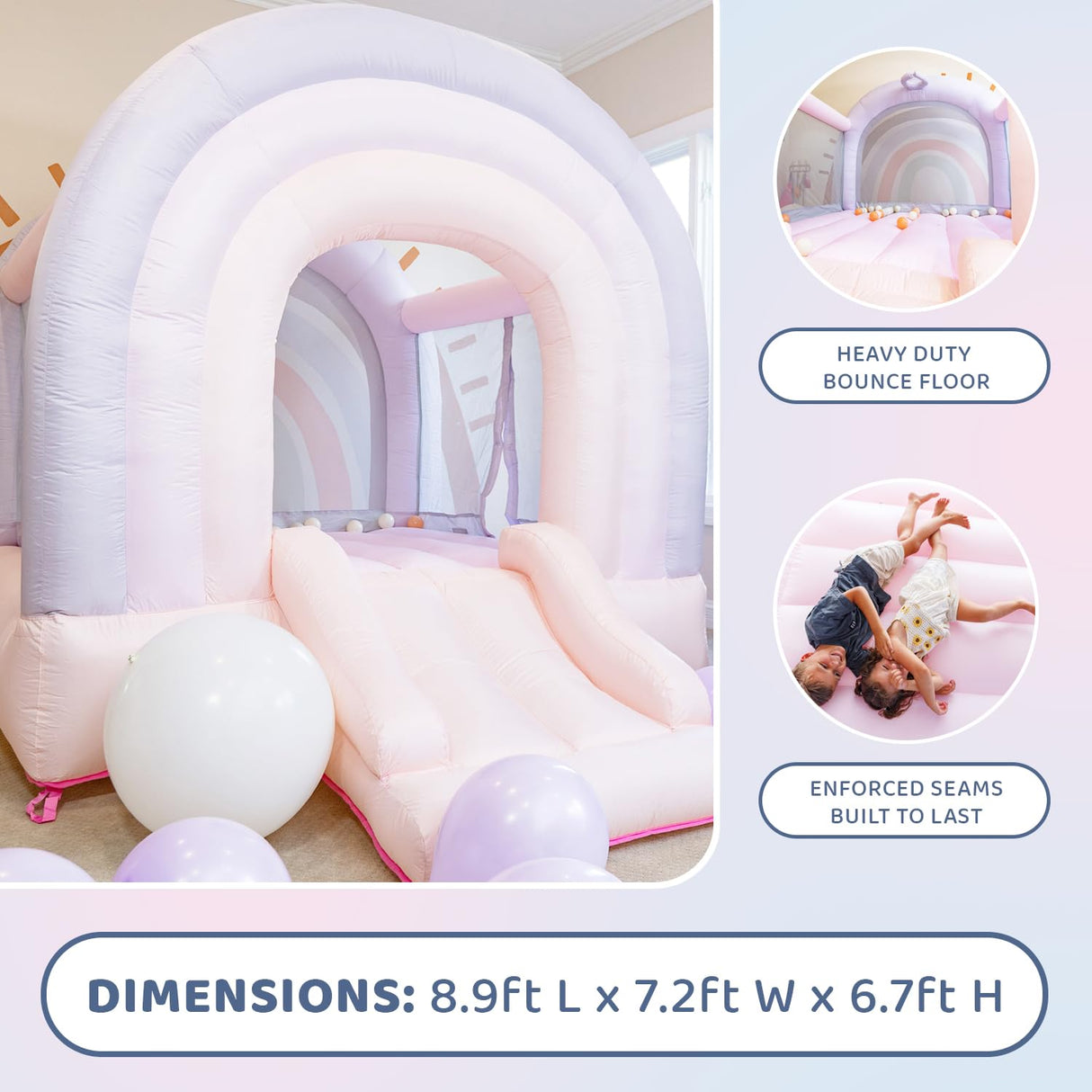 Bounceland Daydreamer Cotton Candy Bounce House, Pastel Bouncer with Slide, 8.9 ft L x 7.2 ft W x 6.7 ft H, UL Blower Included, Basketball Hoop, 30 Pastel Plastic Balls, Trendy Bouncer for Kids Bounceland