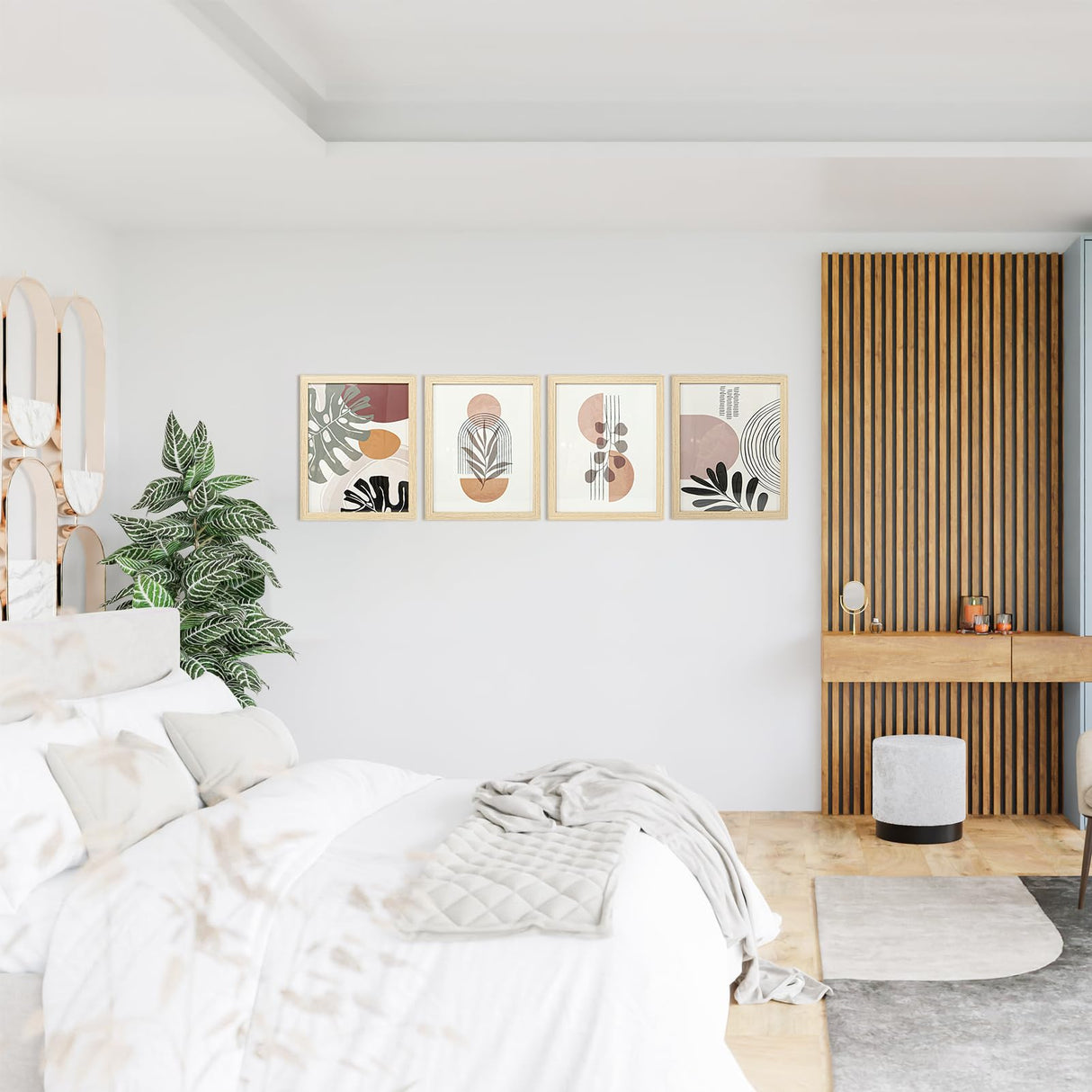 Art3d Framed Boho Wall Art Set of 4 for Wood Aesthetic Wall Decor for Living room Kitchen Hallway Bedroom, Neutral Botanical Wall Prints Art3d