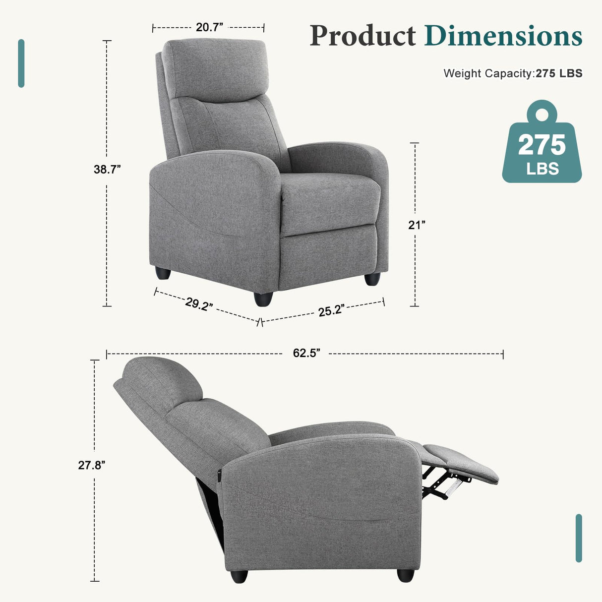 SMUG Recliner Chair for Living Room, Leather Recliners, Home Theater Seating with Lumbar Support with Adjustable Backrest and Footrest, Modern Living Room Furniture with Padded Seat, Grey Seating SMUG