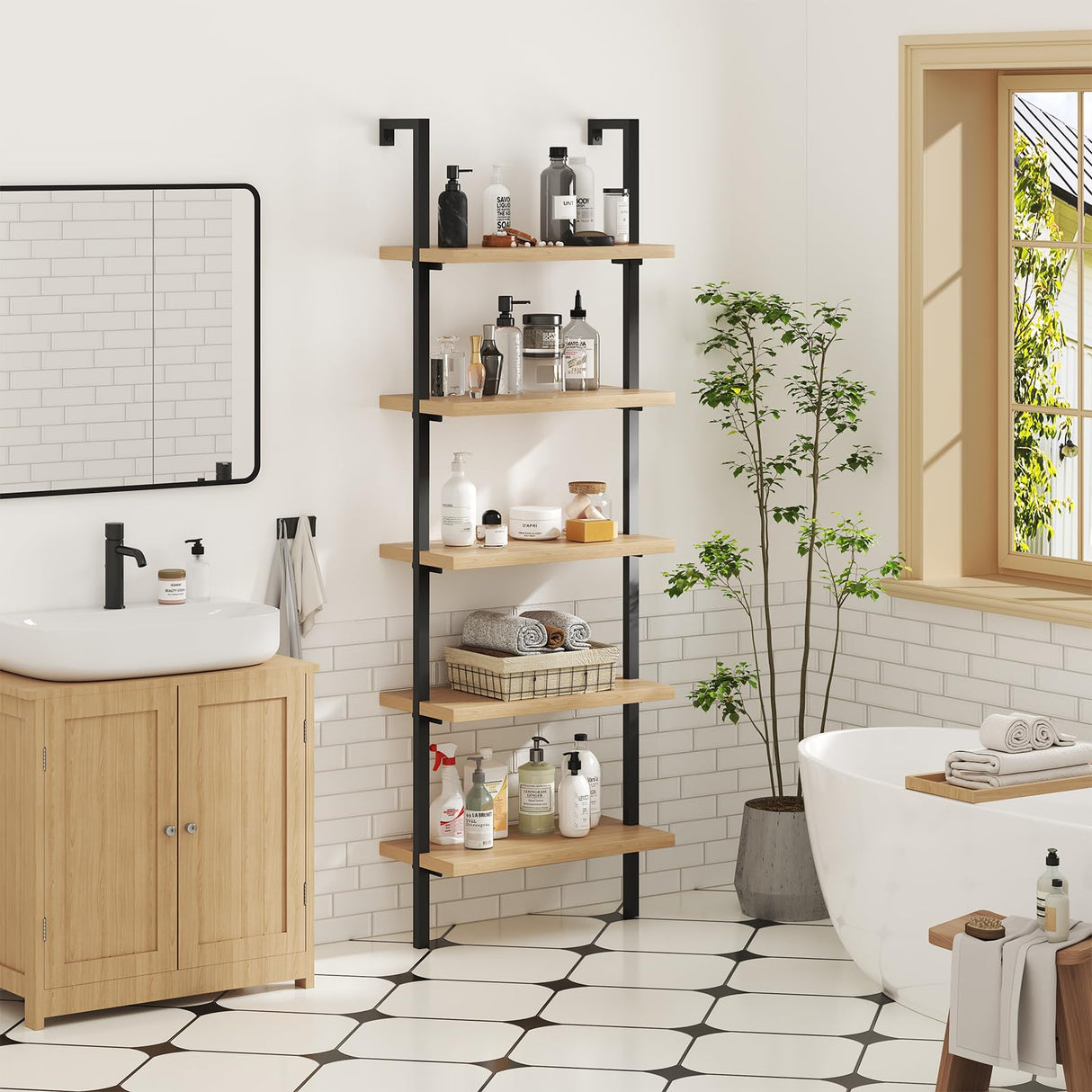 Airynee Ladder Bookshelf, 5 Tier Book Shelf, Wall Mount Bookshelves and Bookcases with Metal Frame, Anti Dump, Tall Bookcase for Living Room, Home Office, Bedroom Oak 2pcs Airynee