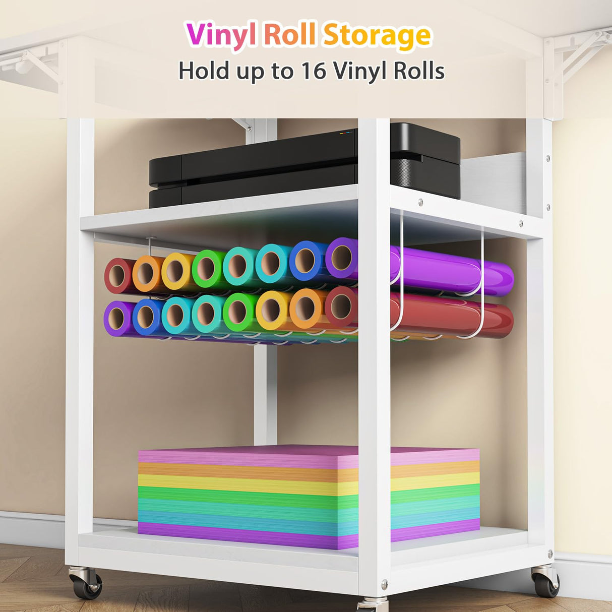 Foldable Heat Press Stand with Charging Station, 3 Tier Movable Heat Press Table with Vinyl Roll Holder, Heavy Duty Metal Shelf Cart for DIY Sublimation Transfer Machine and Printer, White knoworld