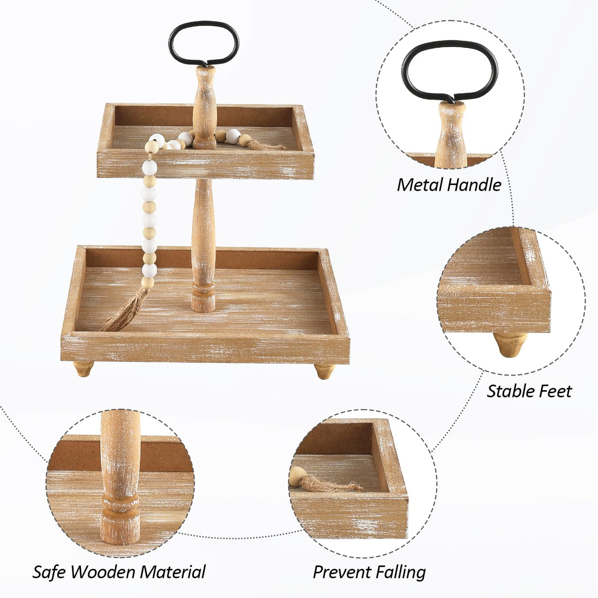 Tiered Tray Stand, Rustic Wooden 2 Tier Decorative Tray with Bead Garland, Farmhouse Square Wood Serving Tray Counter Centerpiece for Coffee Bar Home Decor Thanksgiving Housewarming Gifts (Brown) SYNCVIBE