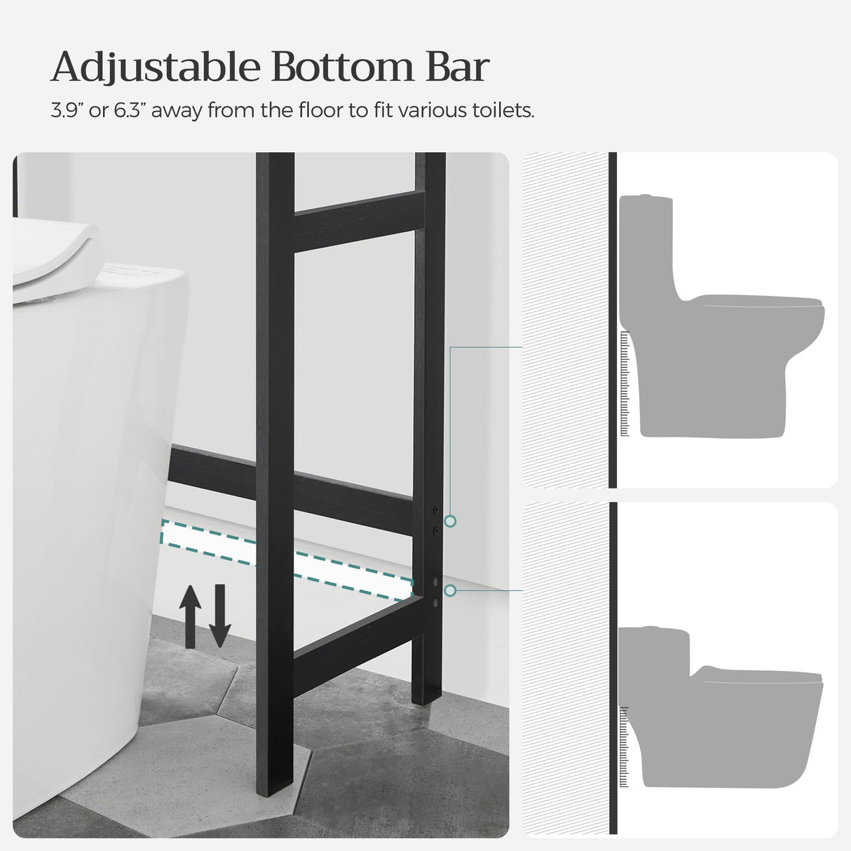 SONGMICS Over-The-Toilet Storage, 3-Tier Bathroom Organizer Over Toilet with Adjustable Shelves, Hooks, Bamboo, Freestanding Space Saver Bathroom Shelves, Rustic Brown and Ink Black UBTS012B01 SONGMICS