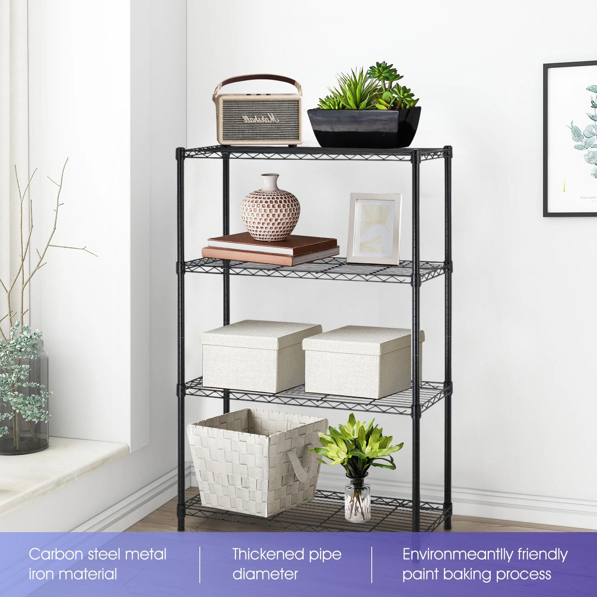 PayLessHere | 4-Tier Wire Shelf | 36"x14"x54" | Black | Adjustable Racks | Heavy-Duty Storage Shelves, Holds Upto 1000 lbs | Rust-Resistant, No-Tool Assembly | for Home, Garage Shelving PayLessHere