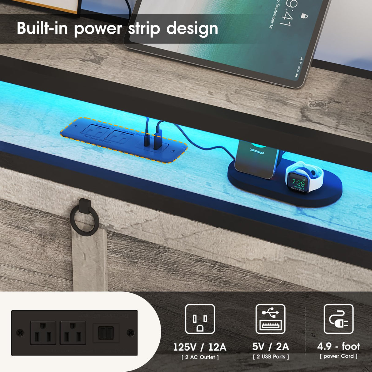 Fameill Queen Size Bed Frame with Storage Ottoman and 2 Drawers, Farmhouse Metal Platform Bed with Headboard, LED Lights and Charging Station, No Box Spring Needed, Noise Free, Gray Fameill