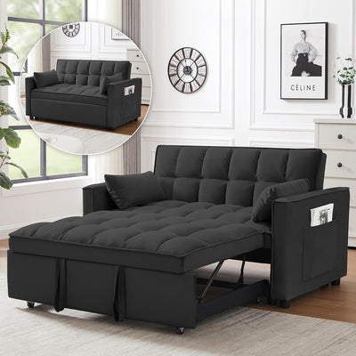 3 In 1 Velvet Convertible Sofa Bed, Pull Out Couch Bed with Reclining Backrest And 2 Pillows, 54" Full Size Loveseat Sleeper Sofa Futon Couch Bed, Couches For Small Spaces, Living Room (Black)