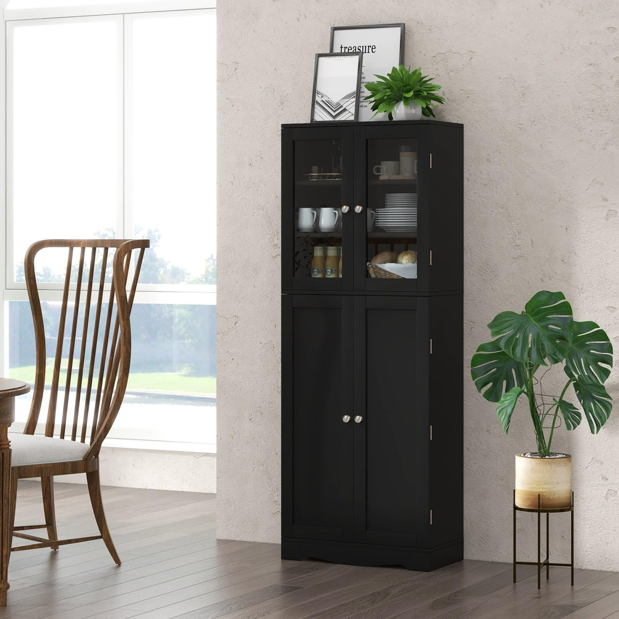 Giantex 63.5" Pantry Organizers and Storage, Freestanding Tall Storage Cabinet for Kitchen Bathroom Living Room Office, Wooden Utility Cupboard with Glass Doors & Shelves, 12.5"x24"x63.5" (Black) Giantex