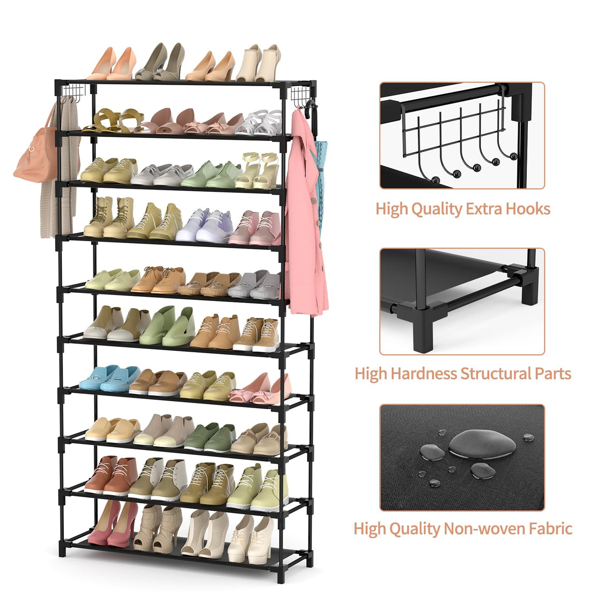 LANTEFUL 10 Tiers Shoe Rack 50 Pairs Large Capacity Tall Shoe Organizer Sturdy Shoe Storage with Two Hooks Space Saving Metal Wide Shoe Rack for Closet, Entryway, Bedroom, Black LANTEFUL