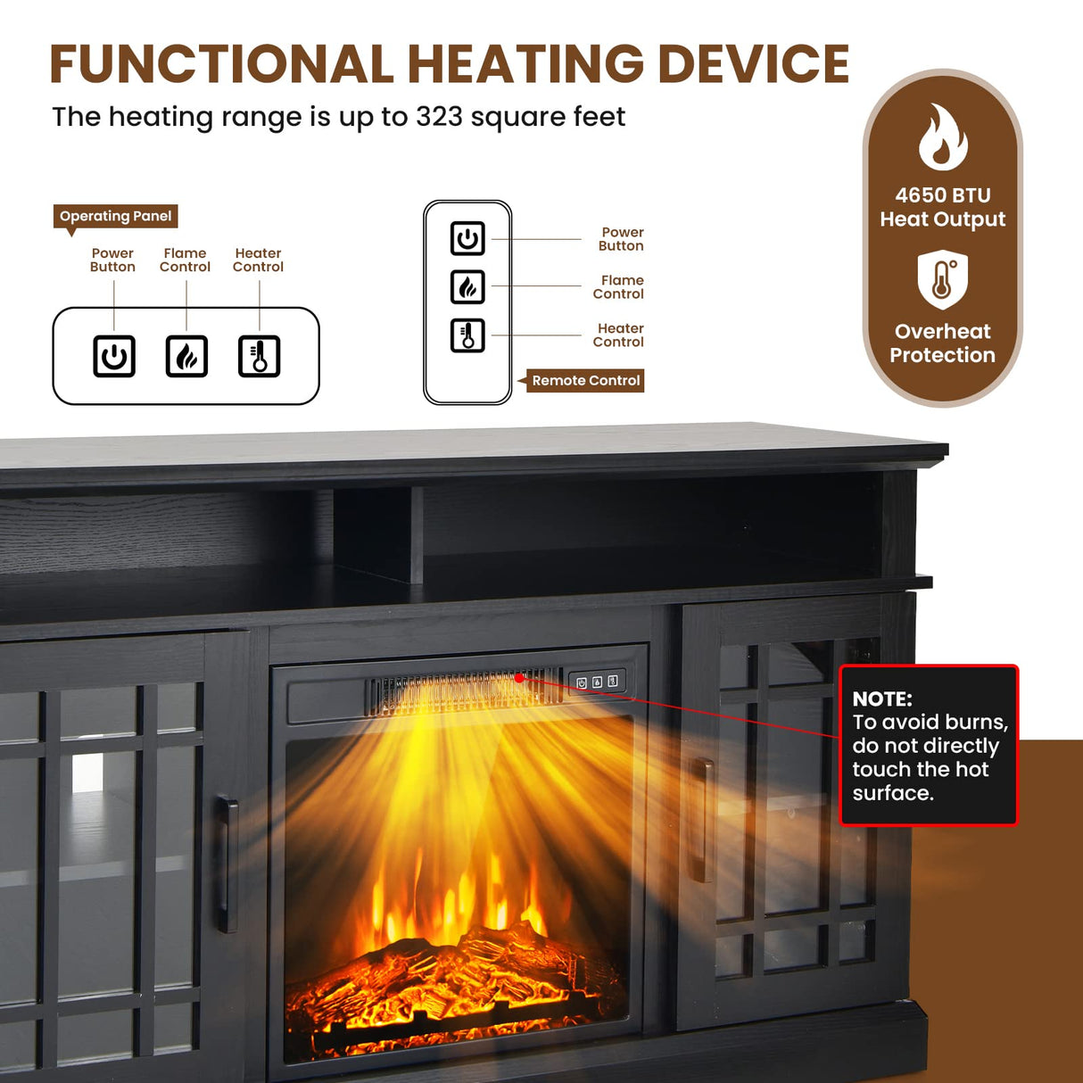 Happygrill Electric Fireplace TV Stand Up to 55 Inches, 48 Inch TV Stand w/Heater, Remote & Storage, Overheat Protection, Wooden Entertainment Center w/Adjustable Shelves for Living Room, Black HAPPYGRILL