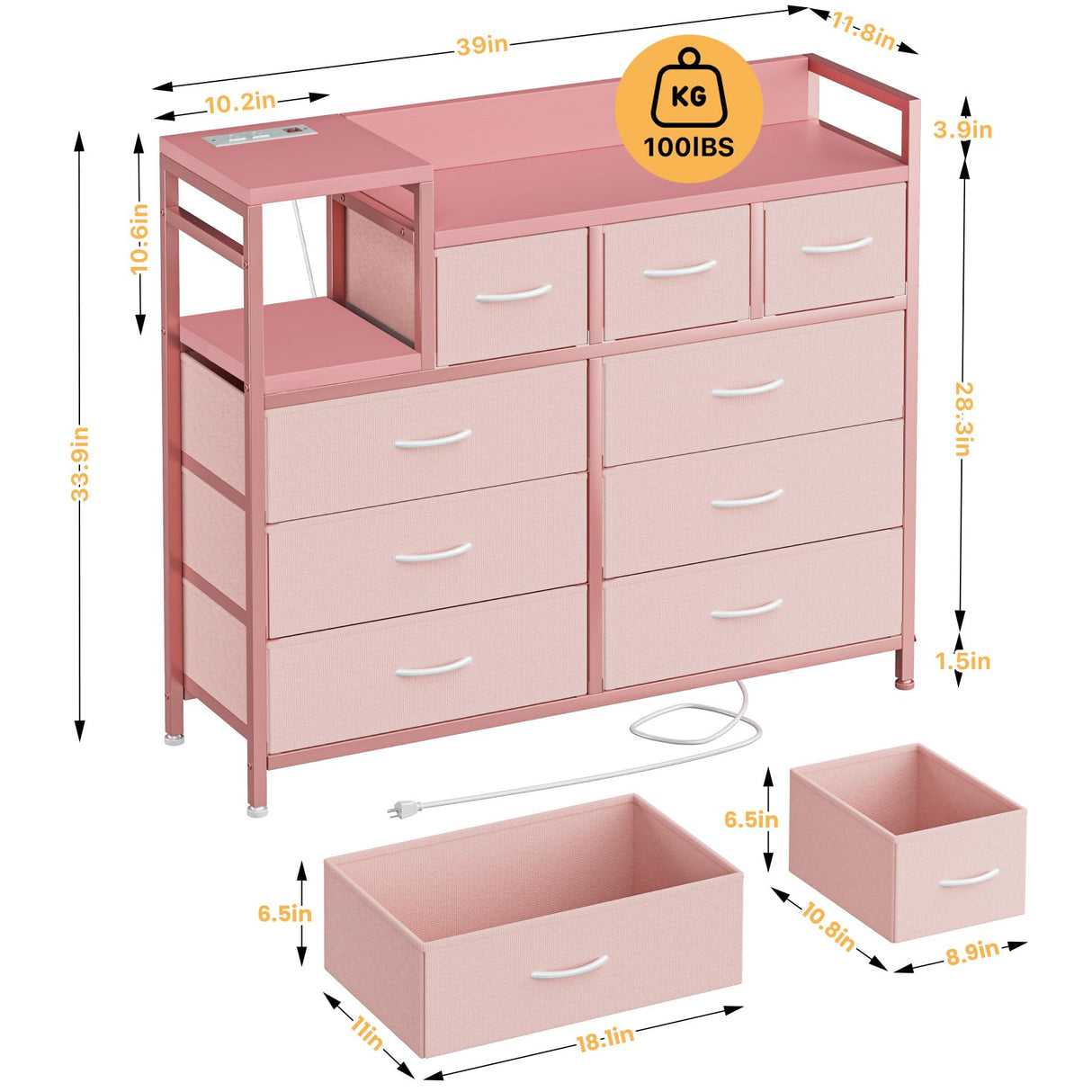 GAOMON Dresser TV Stand with Power Outlet, Bedroom Dresser with 9 Drawers, Chest of Drawers for Living Room, Hallway(Pink) GAOMON