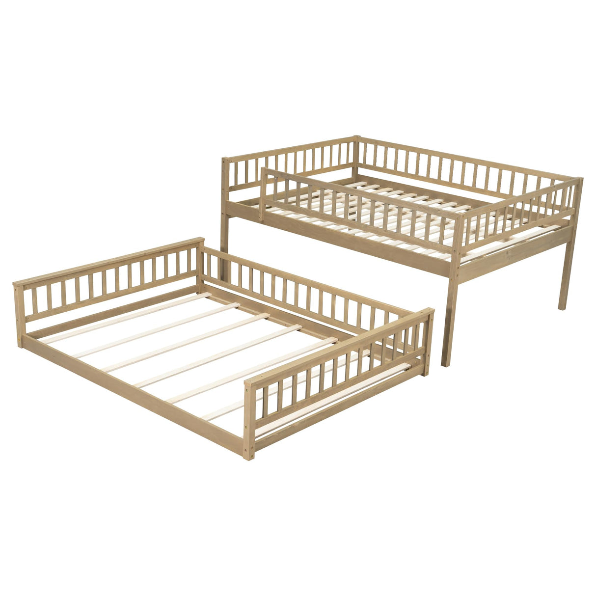 Merax Queen Over Queen Bunk Bed for Teens Adults, Wooden Floor Bunk Beds with Ladder and Guardrails for Guestroom Dormitory, No Box Spring Needed, Natural Merax