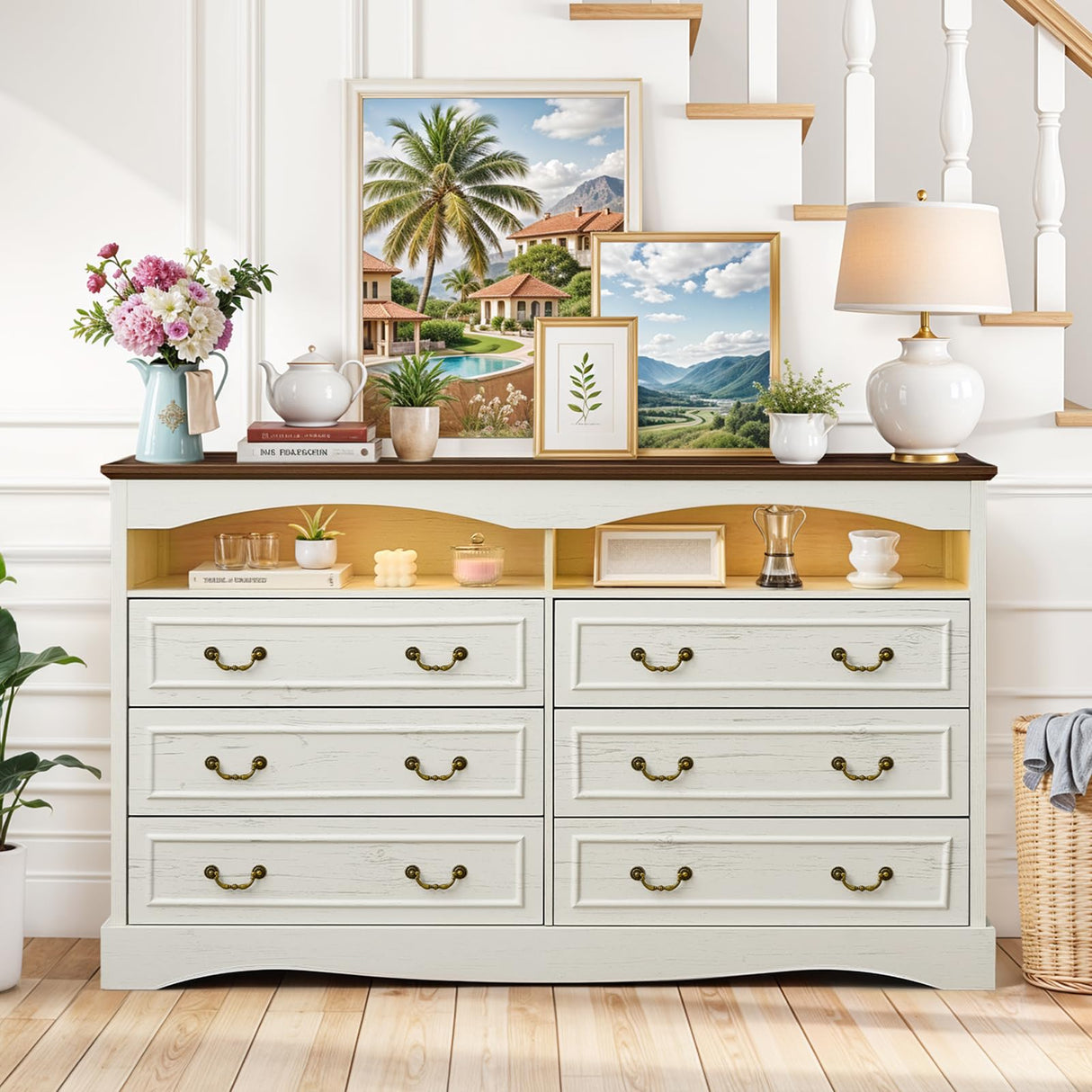 JanflyHome Vintage 6 Dresser for Bedroom, Farmhouse 6 Drawers Dresser with Open Shelves and LED Lights, 55" Wide Wood Rustic Chest of Drawers for Living Room, Hallway, Antique White JanflyHome