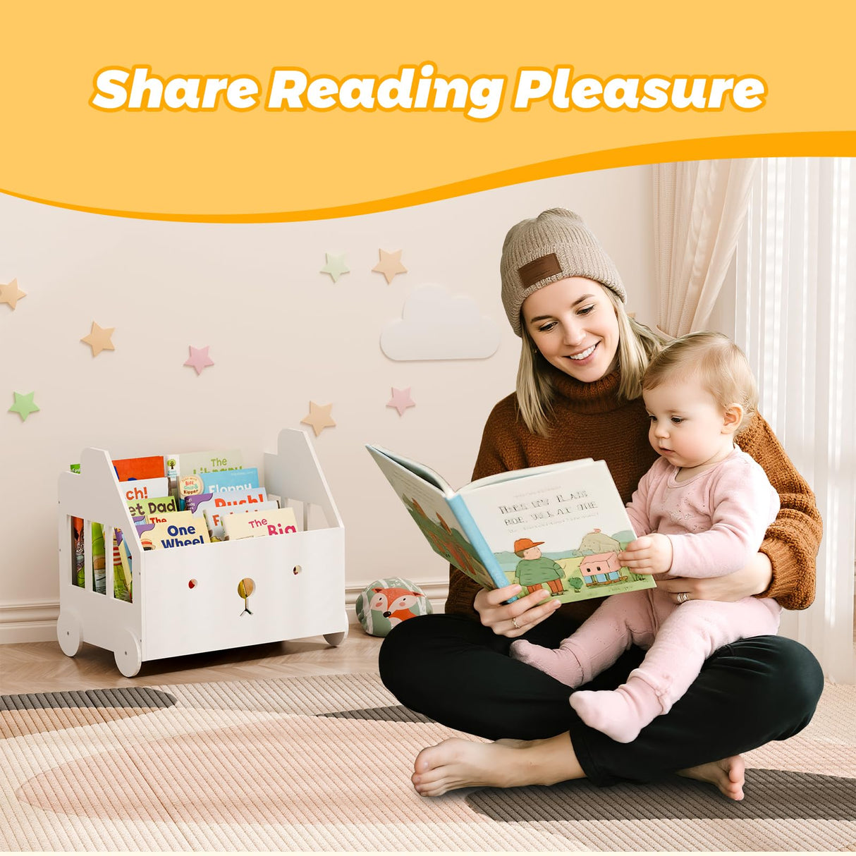 Jomzuci Wooden Kids Bookshelf, Toddler Montessori Bookshelf, Nursery Book Shelves with 4 Adjustable Dividers, Book Shelf for Kids Rooms, Nursery, Bedroom, Classroom and Playroom Storage Jomzuci