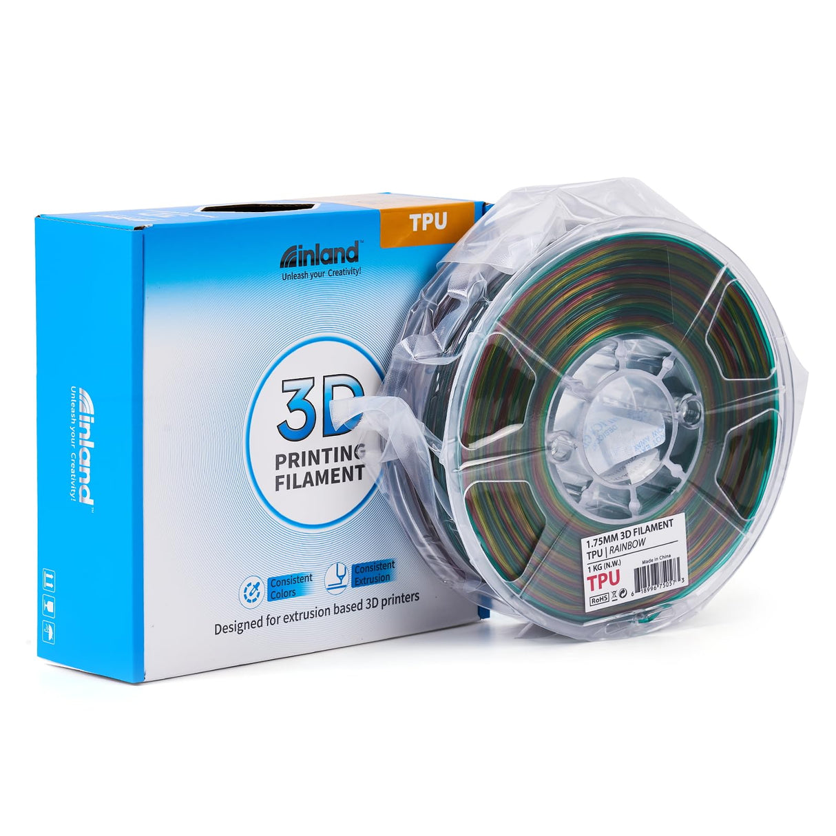 INLAND TPU Filament, Rainbow TPU 3D Printer Filament, Red, Orange, Purple, Yellow, Green Flexible Filament, Dimensional Accuracy +/- 0.03 mm - 1kg Spool (2.2 lbs) INLAND