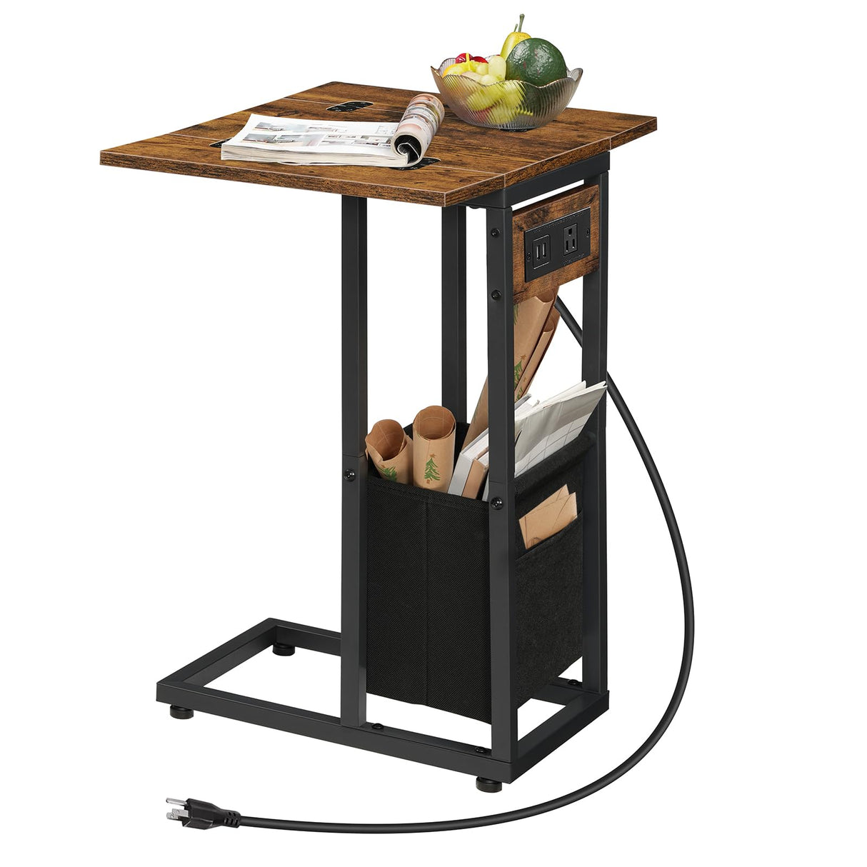 HOOBRO C Shaped Side Table with Charging Station, Foldable End Table with Fabric Bag, Sofa Couch Table Coffee Table Snack Table for Small Space Living Room, Bedroom, Rustic Brown and Black BF30USF01 HOOBRO