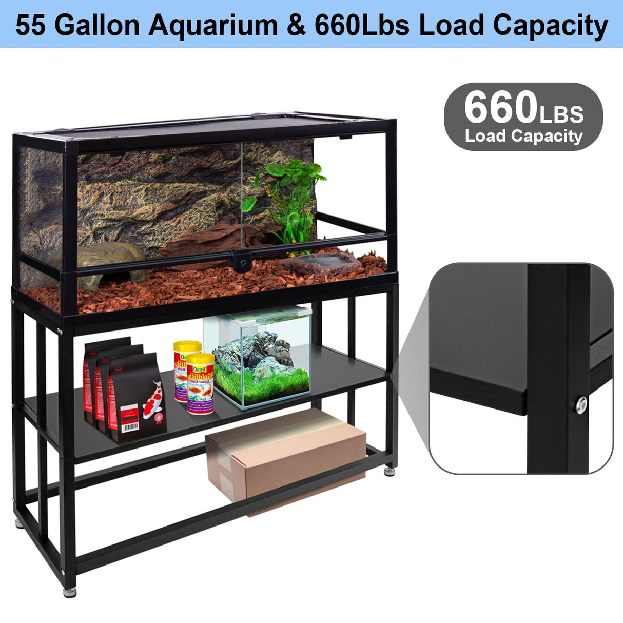 HONYTA Fish Tank Stand Heavy Duty Metal Aquarium Stand 55 Gallon Tank Stand 660LBS 48.4" L x 14.17“W x 29.5”H, Double Layer for Home and Office More Storage Space, Black HONYTA