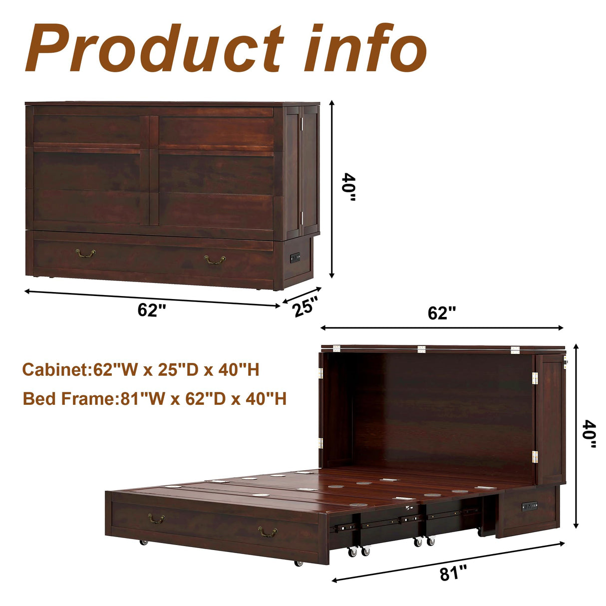 TrendTerrace Solid Wood Murphy Bed Queen: Murphy Chest Queen Deep Brown Red Murphy Bed Cabinet with USB Port, Wall Murphy Chest with Large Drawer for Home/Guest Room (Without Mattress) TrendTerrace
