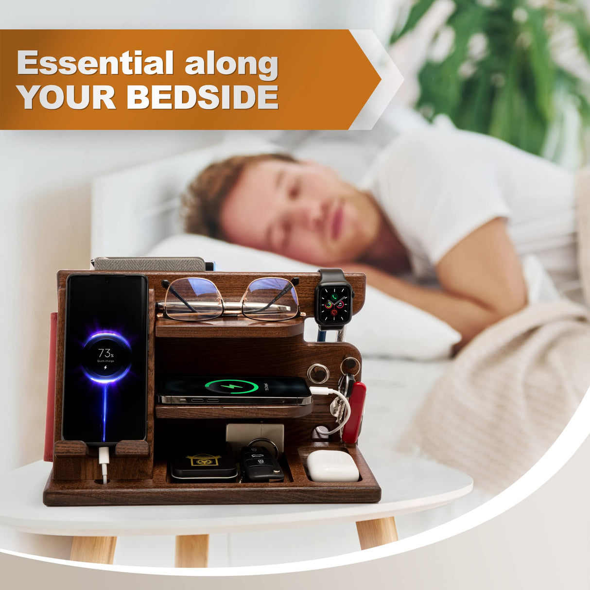 TESLYAR Wood Phone Docking Station for Men - Desktop or Nightstand Organizer - Birthday gifts for Men or Dad - Anniversary Idea from Wife - Key Holders, for Wallet, Watch & Essentials (Chestnut Brown) TESLYAR