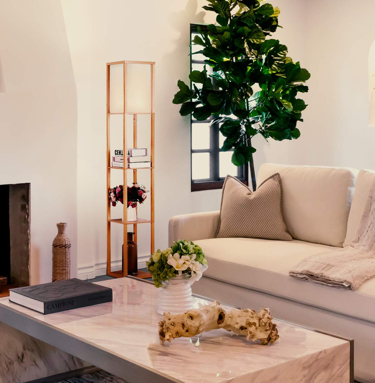 Brightech Maxwell - Modern Shelf Floor Lamp with Lamp Shade and LED Bulb - Corner Display Floor Lamps with Shelves for Living Room, Bedroom and Office - Natural Wood Brightech