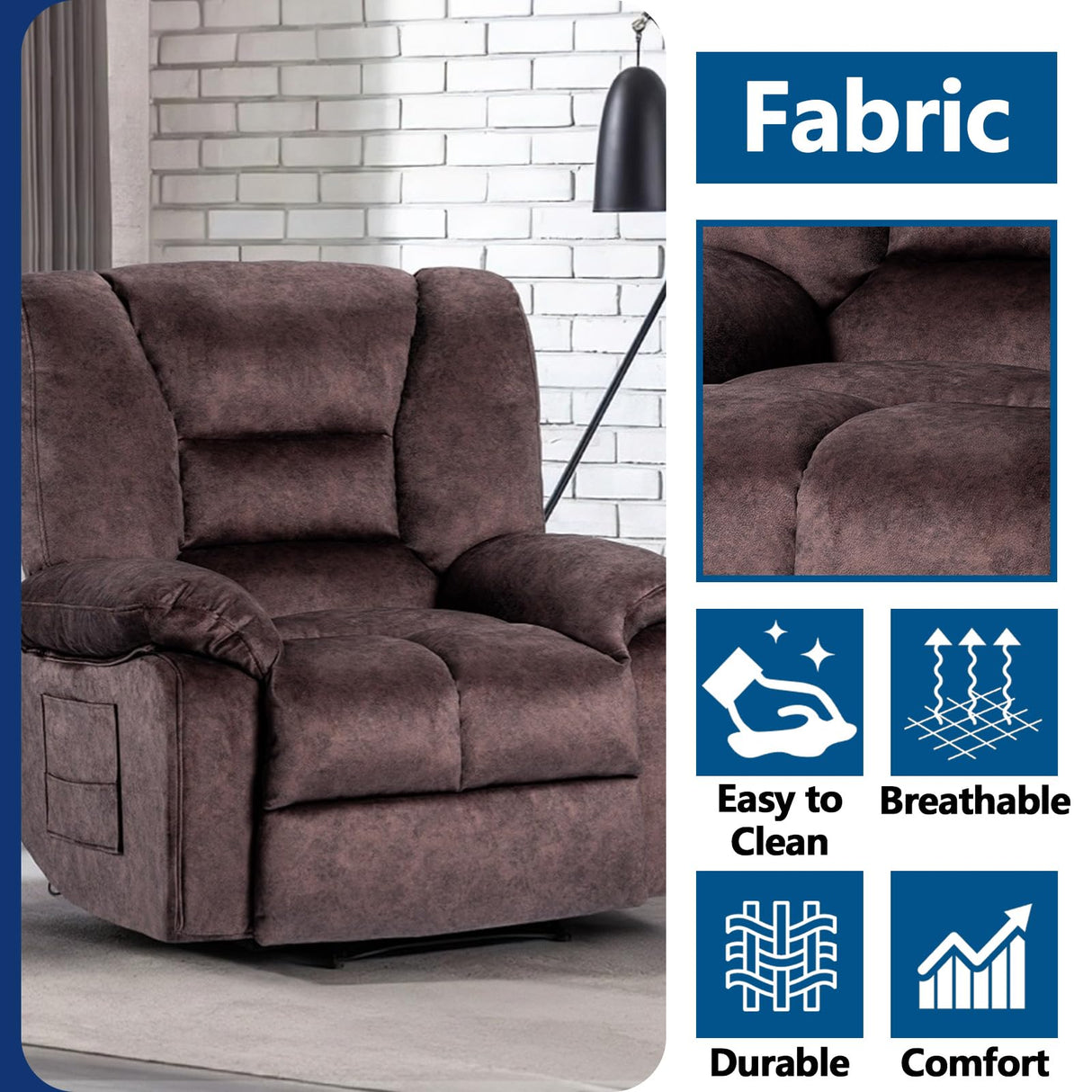 Fabric Lazy Boy Recliner Chair for Bedroom, Manual Reclining Chairs for Adults,Brown Recliner Chair with Adjustable Backrest & Foootrest/Overstuffed Cushion, Havy Duty (Brown) HRVEOCEI