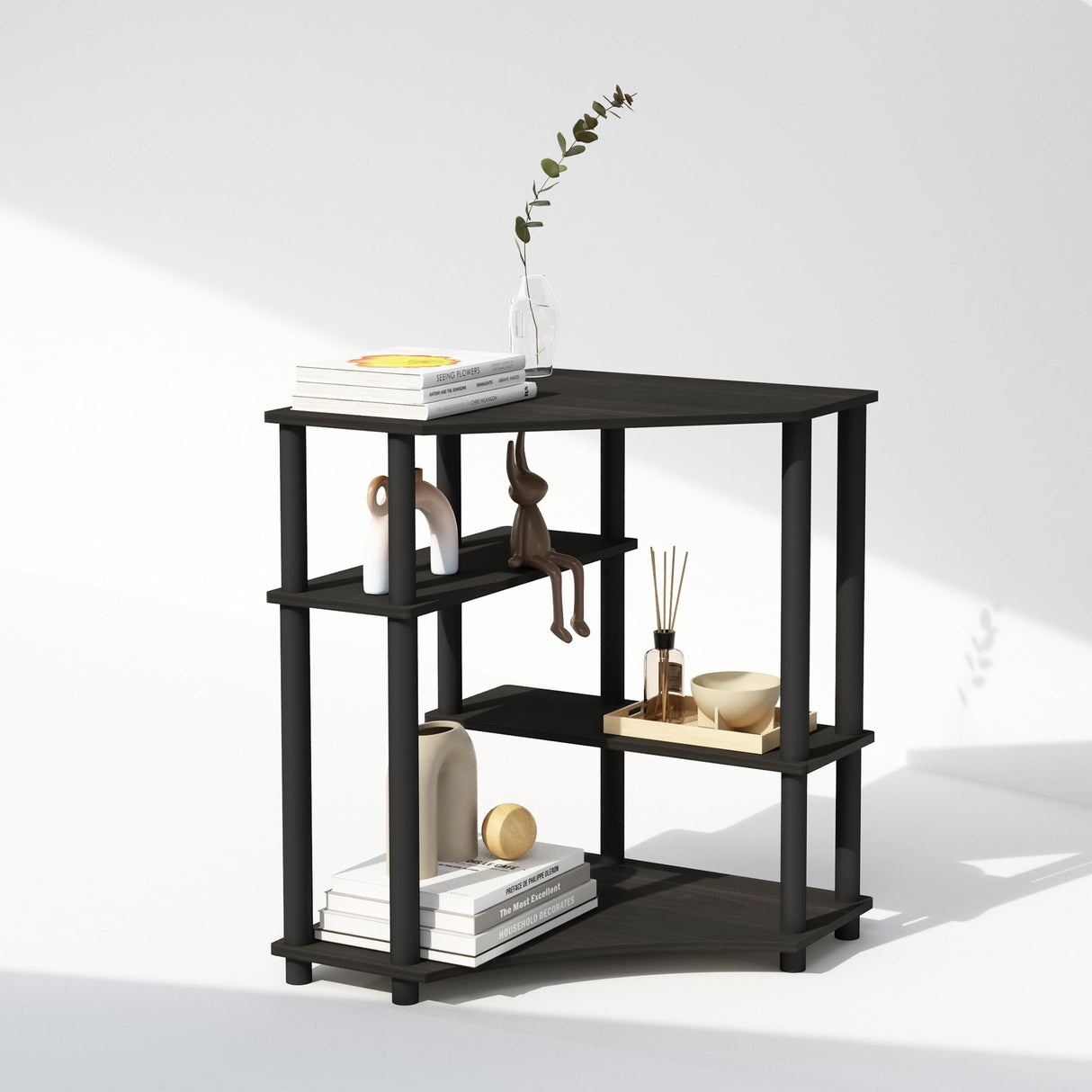 Furinno Turn-N-Tube Storage Shelves, 4-Tier Corner Shelf, Display Rack, Corner Bookshelf, for Organization and Storage, Living Room, Home Office, Espresso Furinno