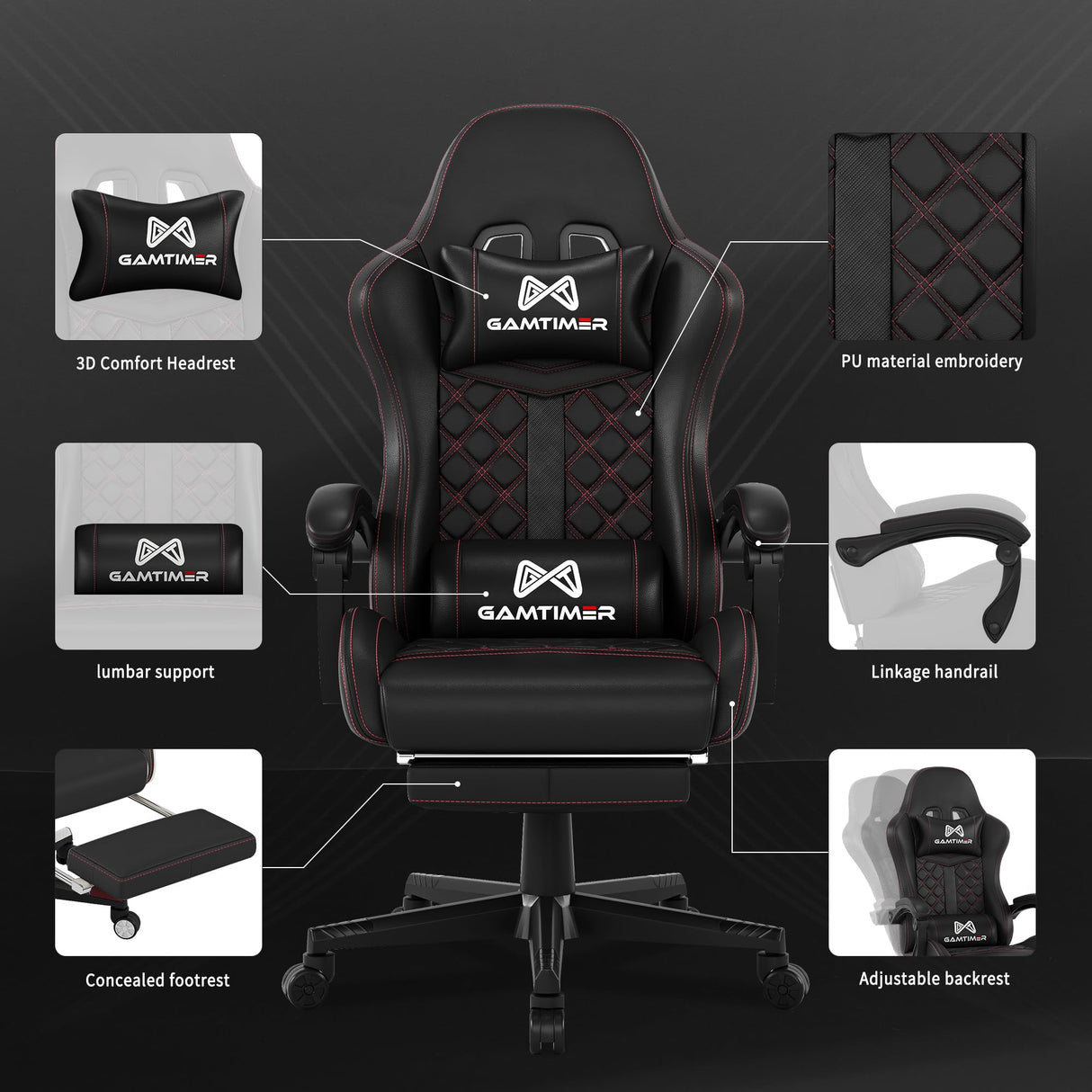 Gaming Chair, Computer Office Chair with Footrest, 155° Reclining Chair, Ergonomic High Back Computer Chair with Headrest and Lumbar Support for Adults and Kids (Black) Gamtimer