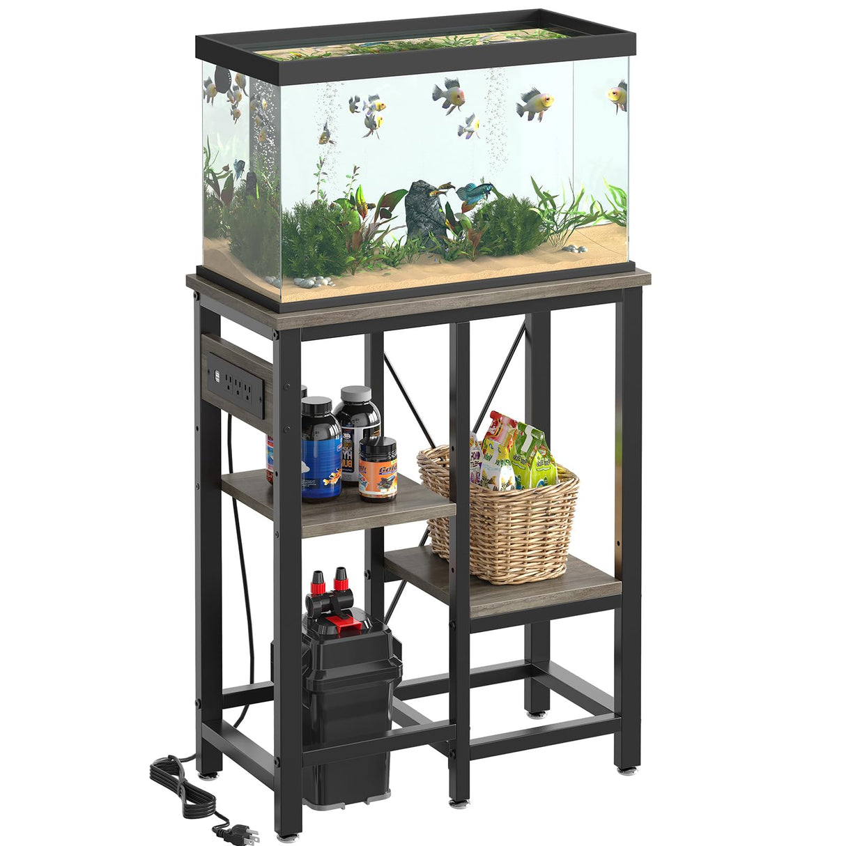 Becuddler 10 Gallon Fish Tank Stand with Charging Station, 20 x10 Metal Aquarium Stand with 3-Tiers Adjustable Storage Shelves, 6-Legs Reptile Terrarium Stand, 264 LBs Becuddler